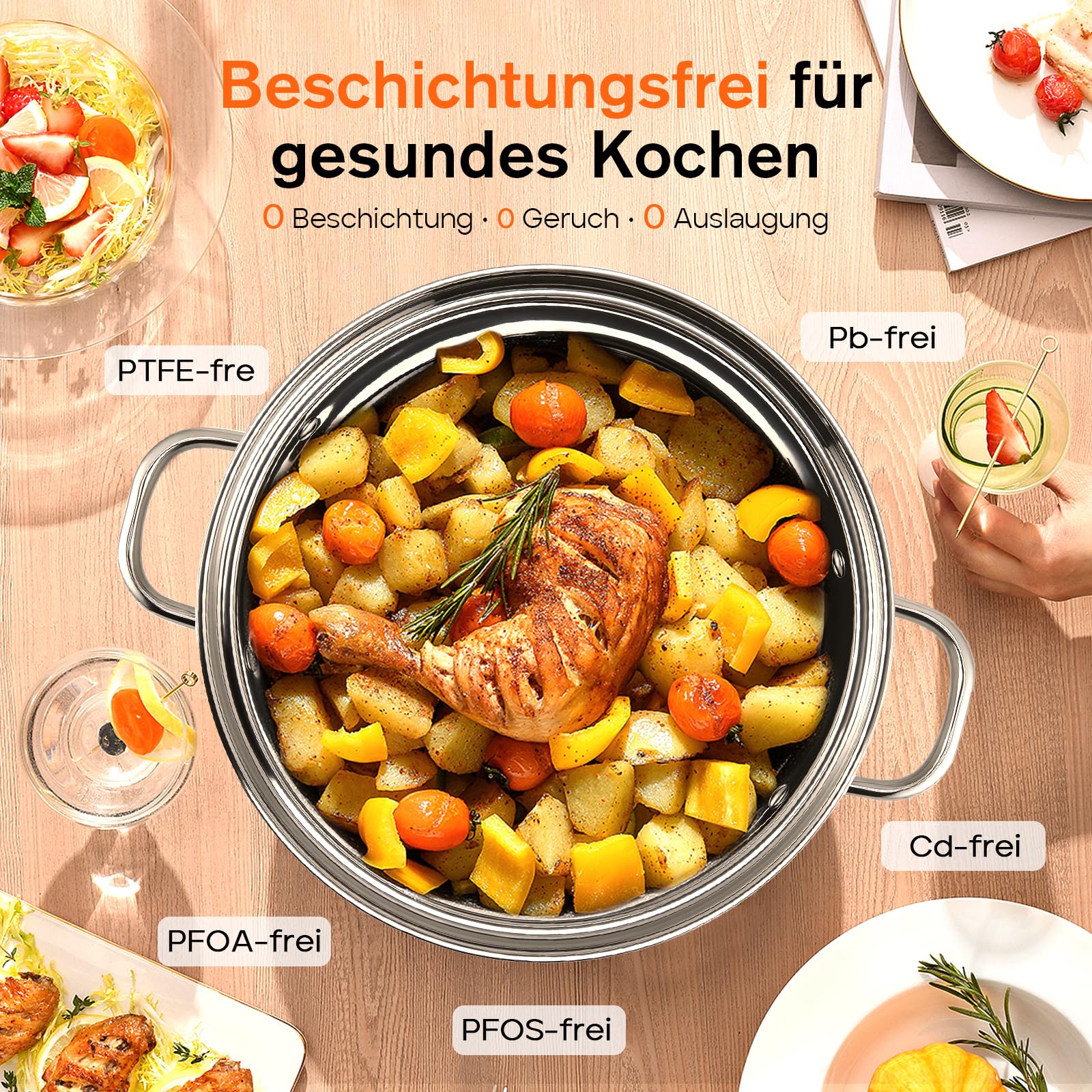 Edelstahl Schmorpfanne,Hohe Edelstahl Servierpfanne unbeschichtet & ohne PTFE/PFOA,Pfanne für alle Herdarten, Servierpfanne geschmackserhaltend, Backofenfest(26CM)