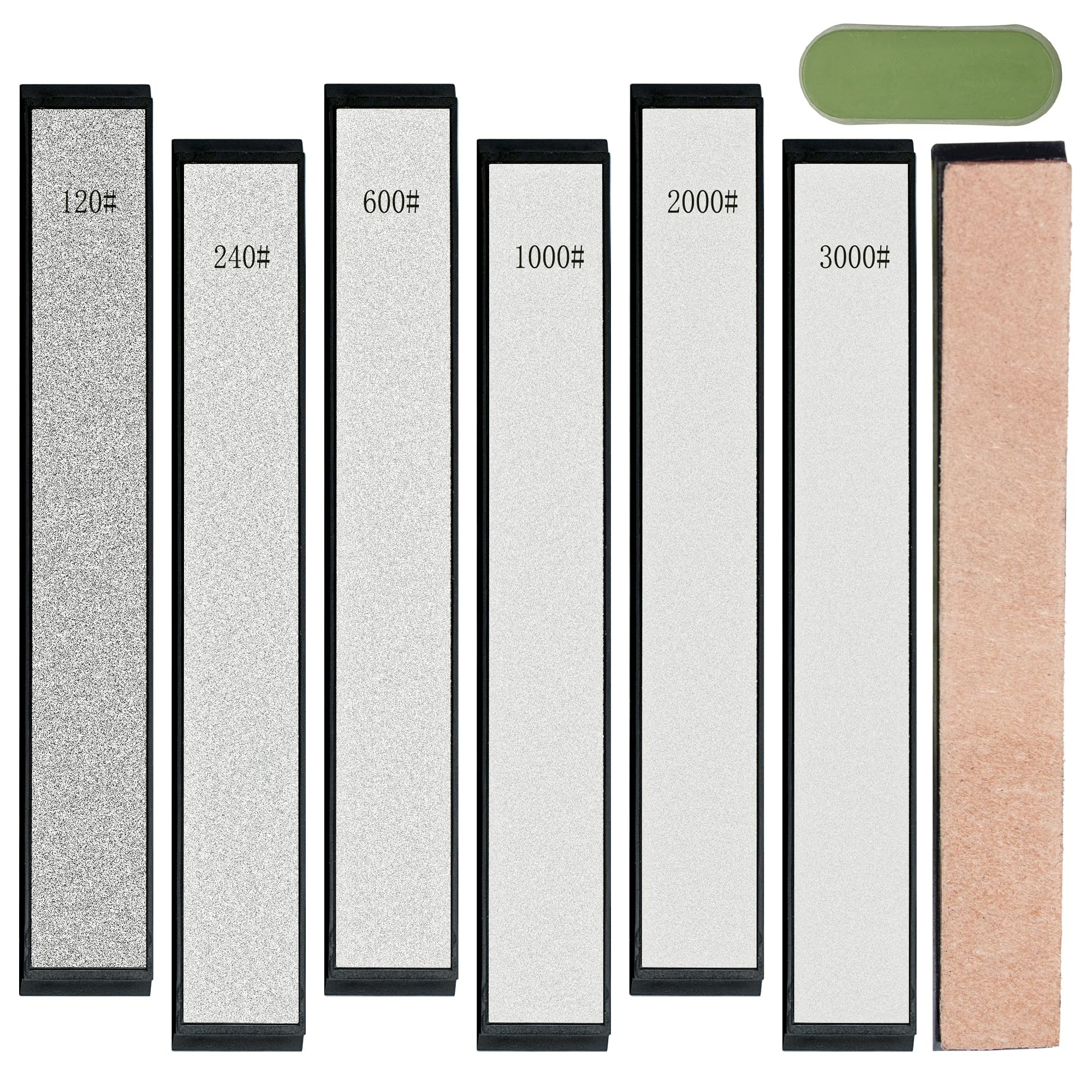 CWOVRS Diamond Sharpening Stones Kit, 6 PCS Diamond Whetstones with ABS Base- 120#, 240#, 600#, 1000#, 2000#, 3000#, 1 Leather Strop, 1 Polishing Paste for Fix-Angled Knife Sharpeners