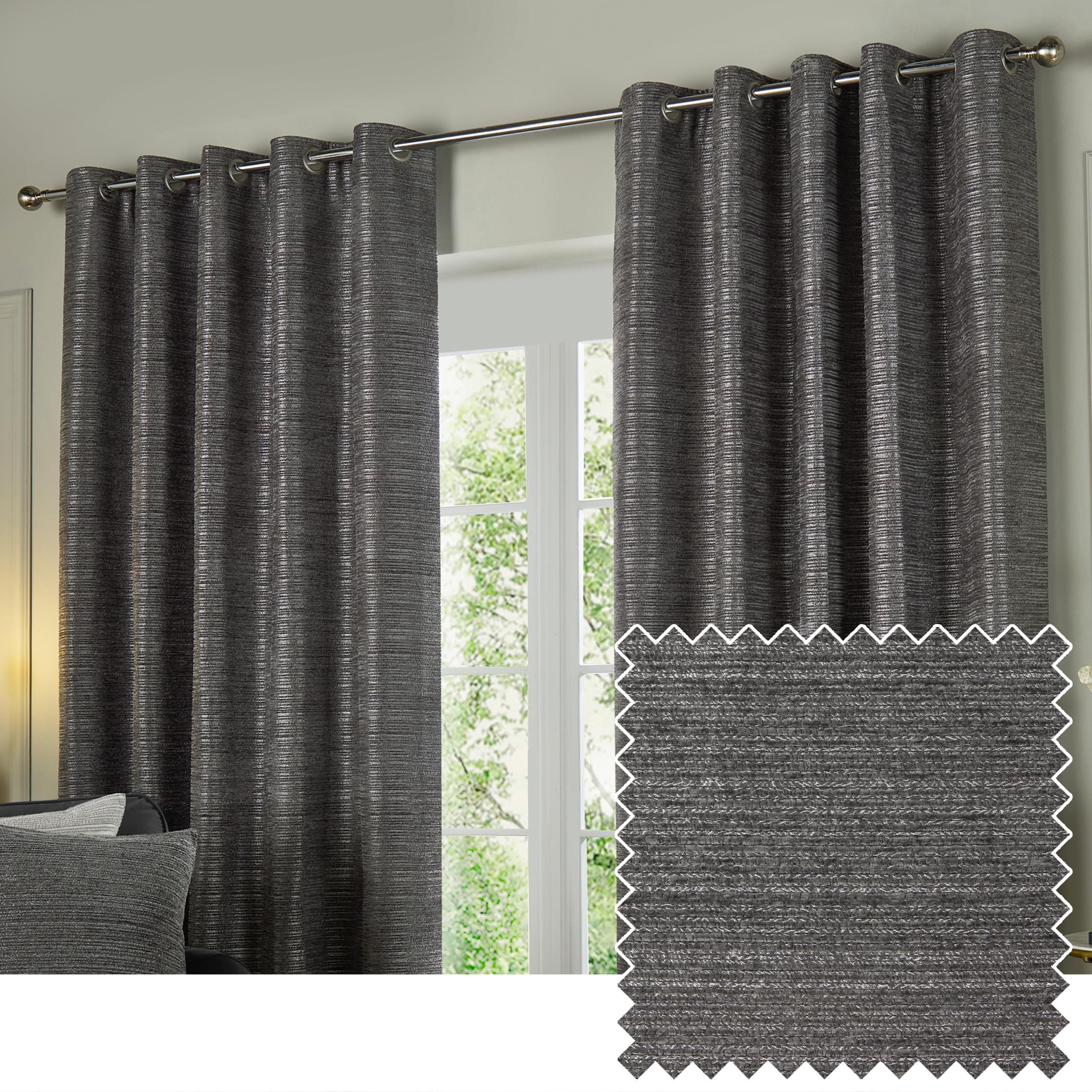 Paoletti Graphite Jupiter Room Darkening Eyelet Curtain Pair – Elegant Jacquard Chenille Lined Ring Top Drapes ( - 168X183cm)
