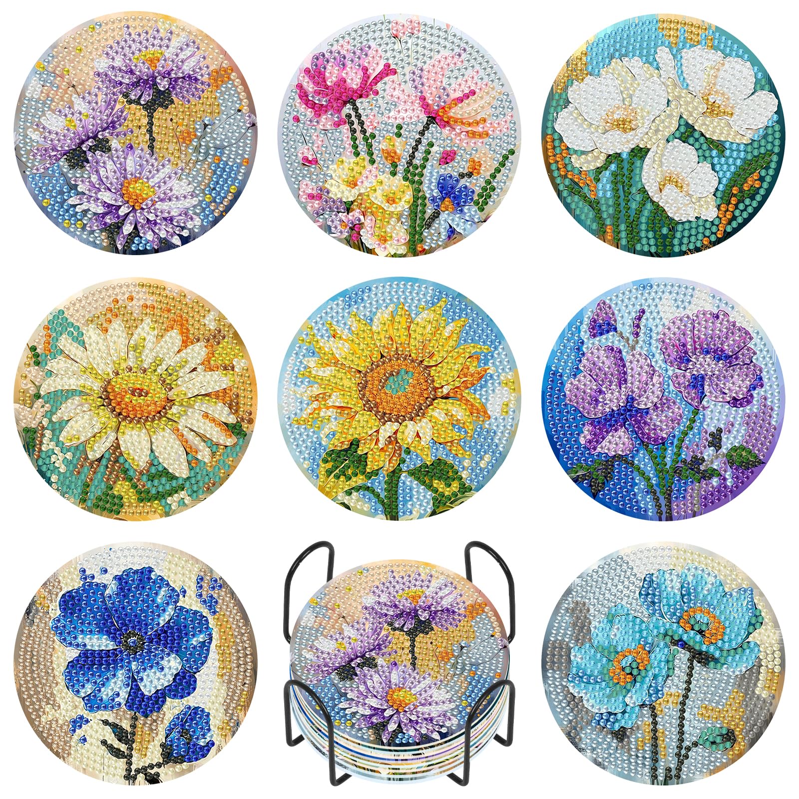 Pack of 8 Flower Diamond Painting Coasters with Holder for Adults, 5D Flowers Diamond Cup Coasters, DIY Diamond Painting Adult Coasters, 5D Coasters, Non-Slip for Beginners