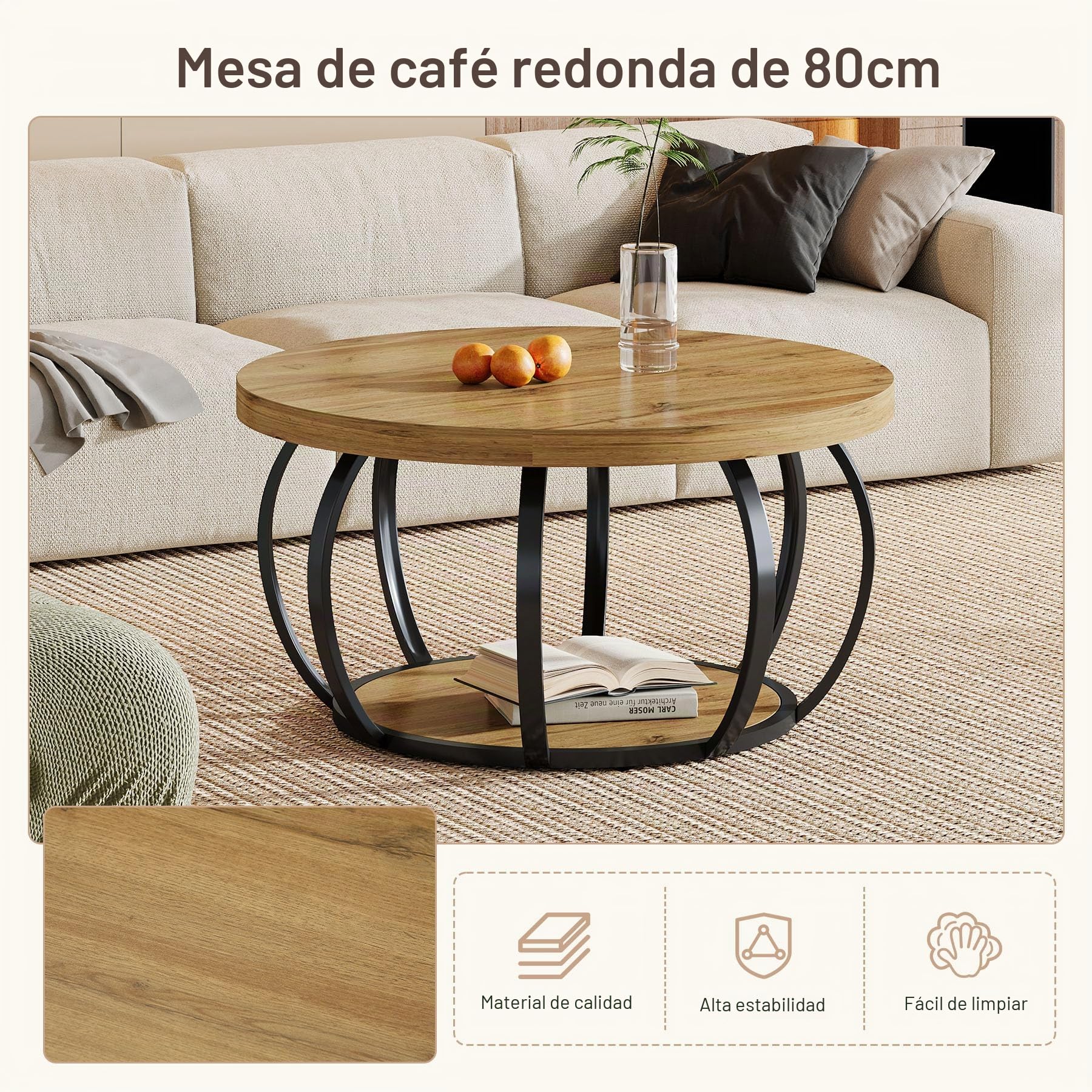 Tribesigns Mesa de centro redonda, Mesa de centro industrial de 2 niveles con estantes de almacenamiento, Moderno acento de madera central mesa sofá mesa auxiliar para sala de estar, oficina en casa