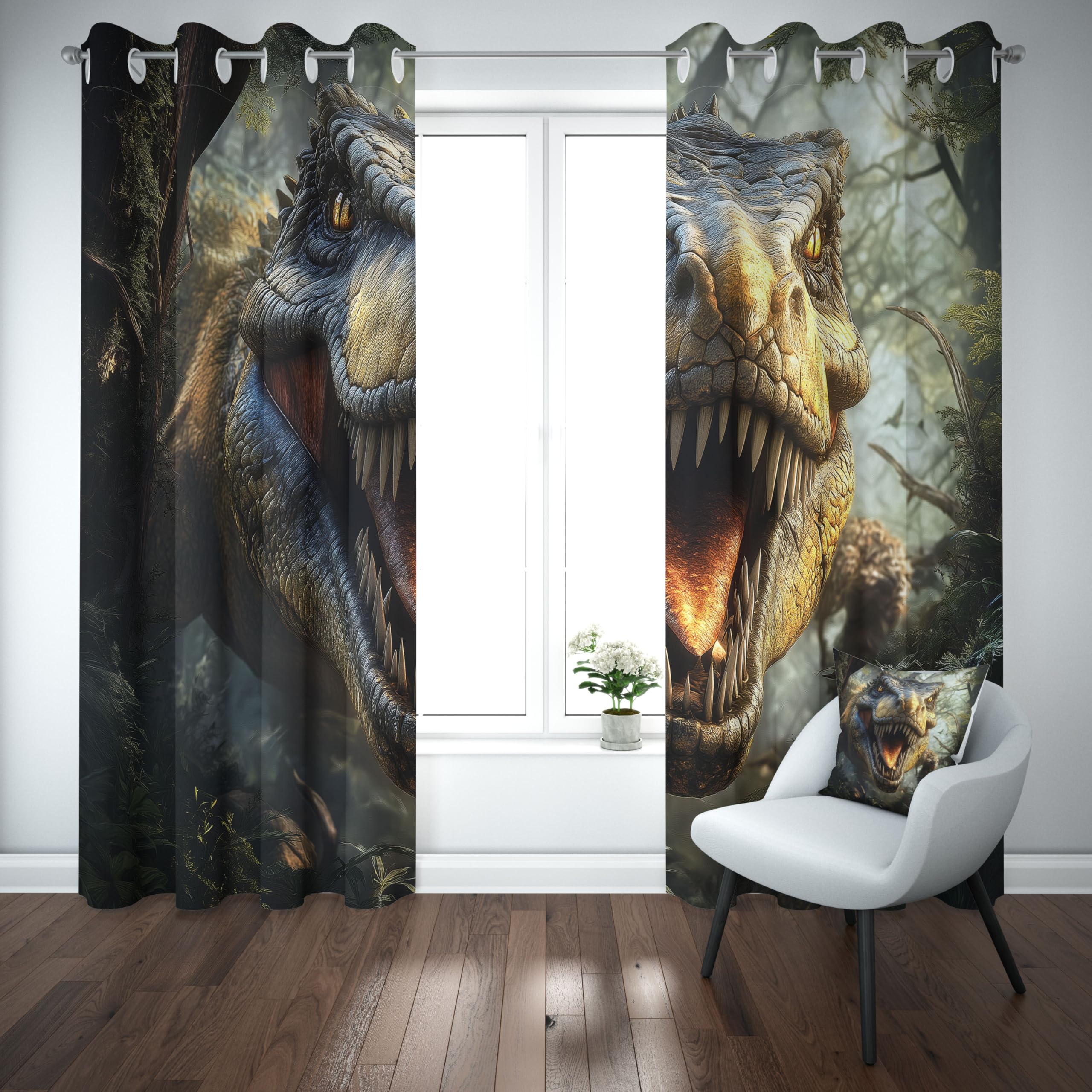 Rideaux occultants à motif dinosaures pour chambre à coucher, rideaux thermiques forêt verte pour salon, rideau dinosaure Tyrannosaurus Rex pour chambre d'enfant/adolescent, cuisine, ensemble de 2 pan