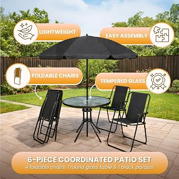 4 Seater Patio Dining Set with Parasol, Glass Table & Foldable Chairs