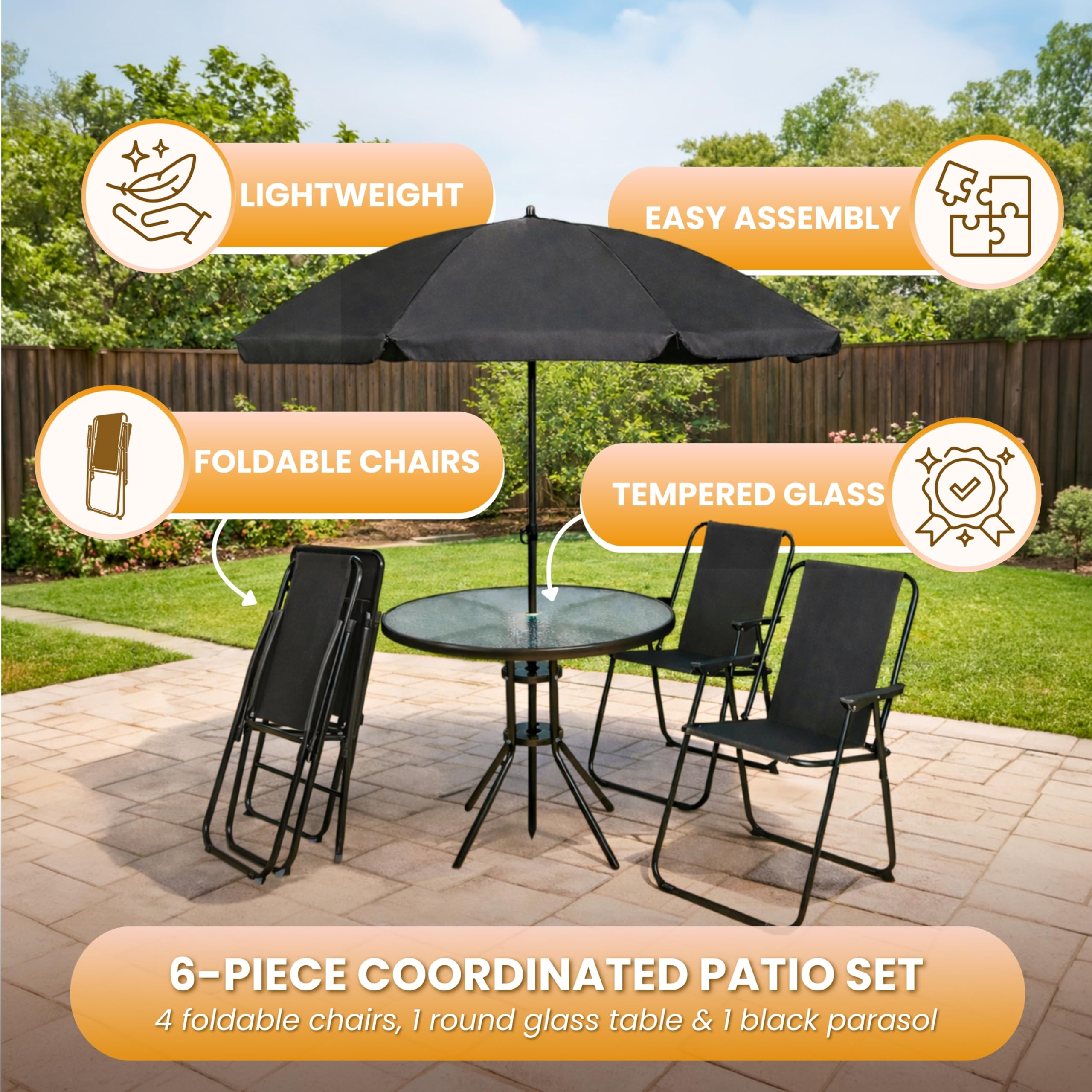 Garden Mile Moderno juego de muebles plegables de 6 piezas, resistente a la intemperie, sombrilla y 4 sillas, accesorios decorativos para interiores y exteriores para balcón, patio y jardín (negro)