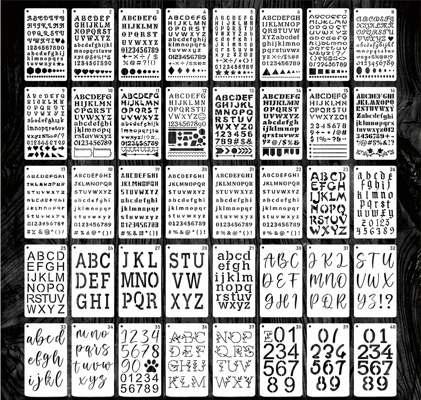 40 pezzi Lettera Stencil per la pittura 10.2 x 17.8cm Alfabeto riutilizzabili in plastica Numeri modelli di carattere per Notebook Journal, Diario, Scrapbook Decor Supplies