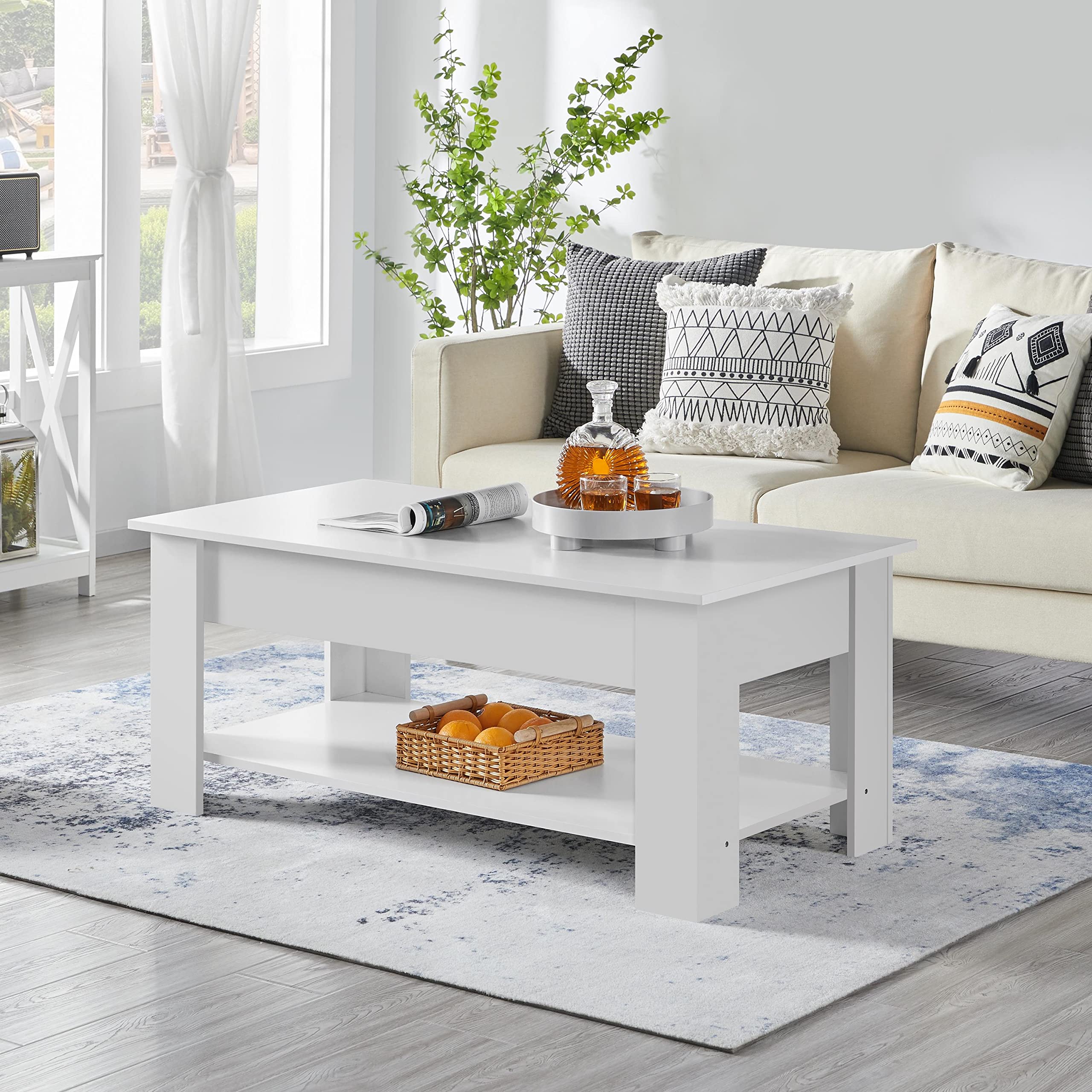 Yaheetech Mesa Centro Elevable con Estante Mesa Café con Revistero Mesita Baja de Moderno Grande para Salón 120 x 59 x 49,5 cm Blanco