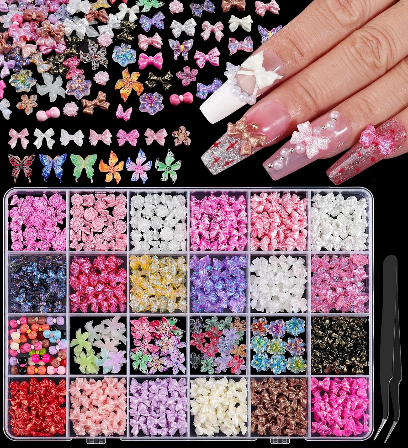 3D Bow Nail Charms, Colorful Bows Charms Cute Cartoon Bowknot with Hawaii Flowers and Mini Camellia Butterfly with Tweezers for Nails DIY Crafts