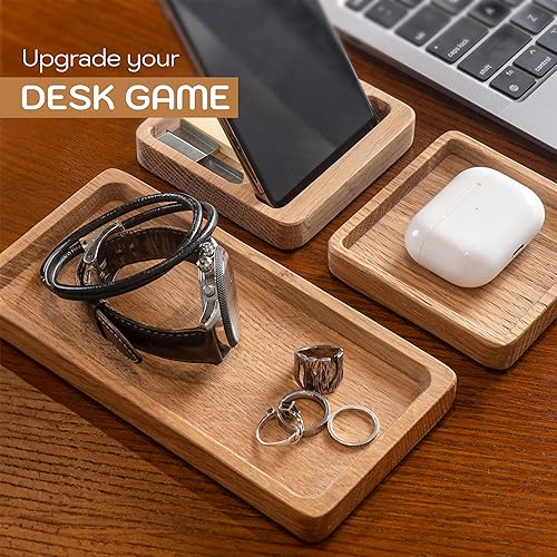 Miniatura 4 de Juego de 3 organizadores de escritorio de madera de roble, soporte para teléfono y bandeja de accesorios para organizador de espacio de trabajo,