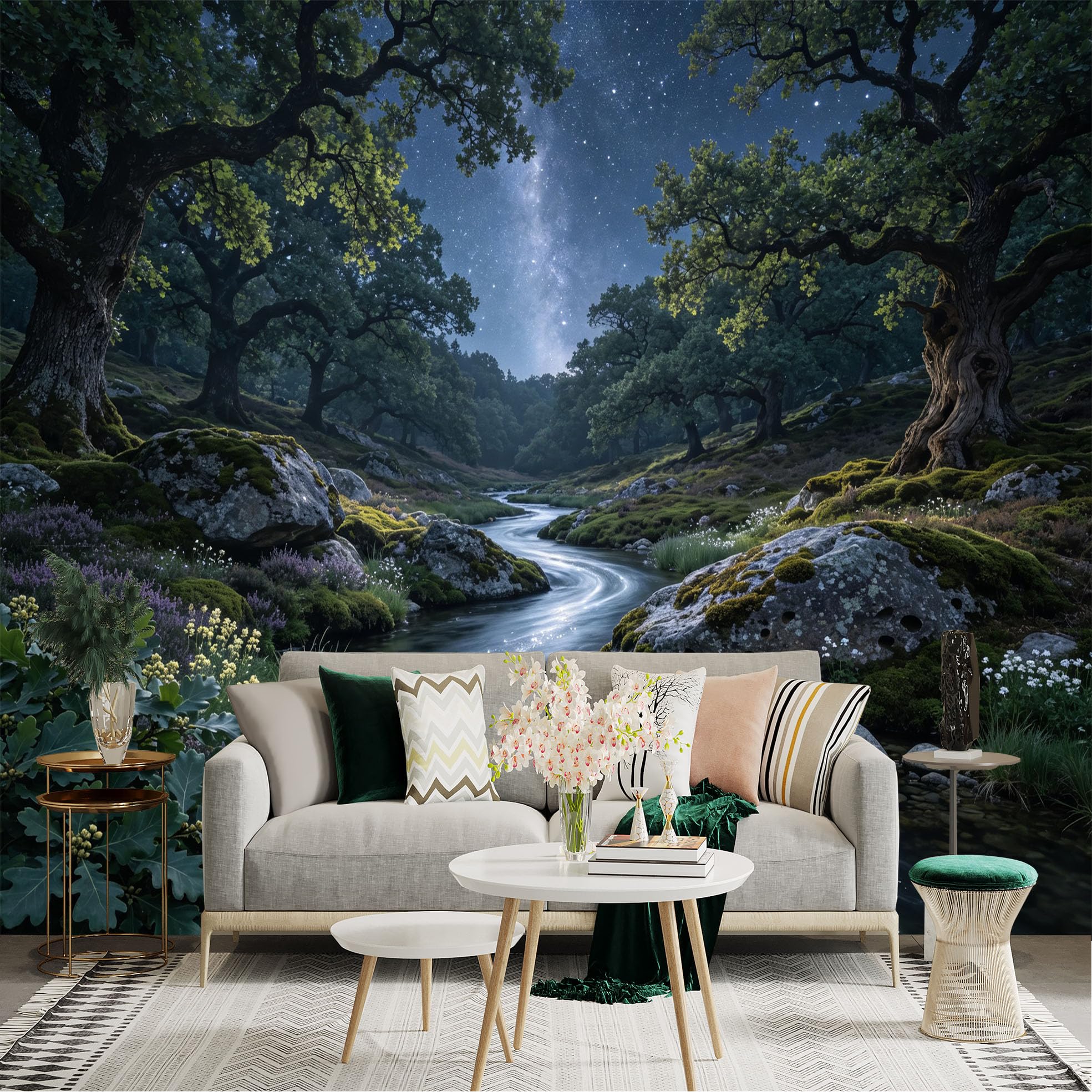 Lnzczhyre Bh260719338 Custom Size Wall Sticker Mural， Enchanted Moonlight Forest， Winding River Landscape， Starry Night Sky， Nature Scenic View， For Wall Decoration， Peelandstick Wall Decals.