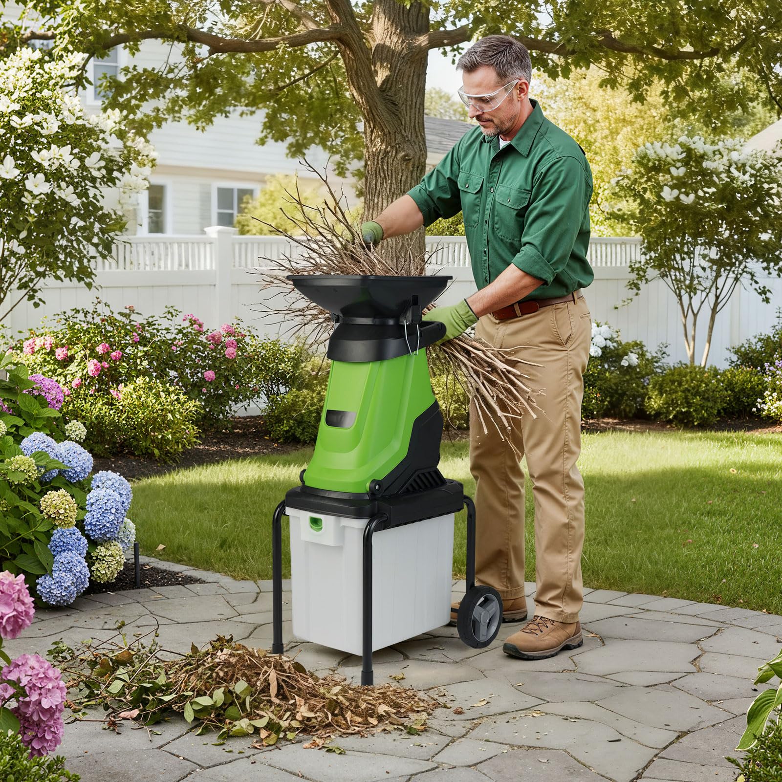 GOPLUS Broyeur Vegetaux et Branches Électrique 3000W, Broyeur Vegetaux avec Bac de Ramassage 50L, Lame à Double Tranchant, Roues de Transport, Ratio de Broyage 15:1, pour Déchets de Jardin(Vert)