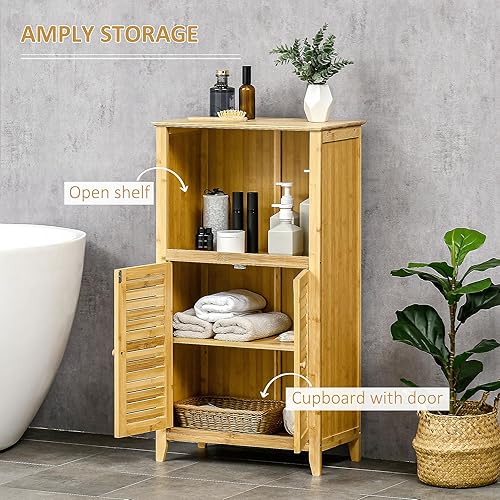 Miniatura 5 de HOMCOM Gabinete de piso de bambú para baño, sala de estar, organizador de torre con múltiples estantes y puertas, natural