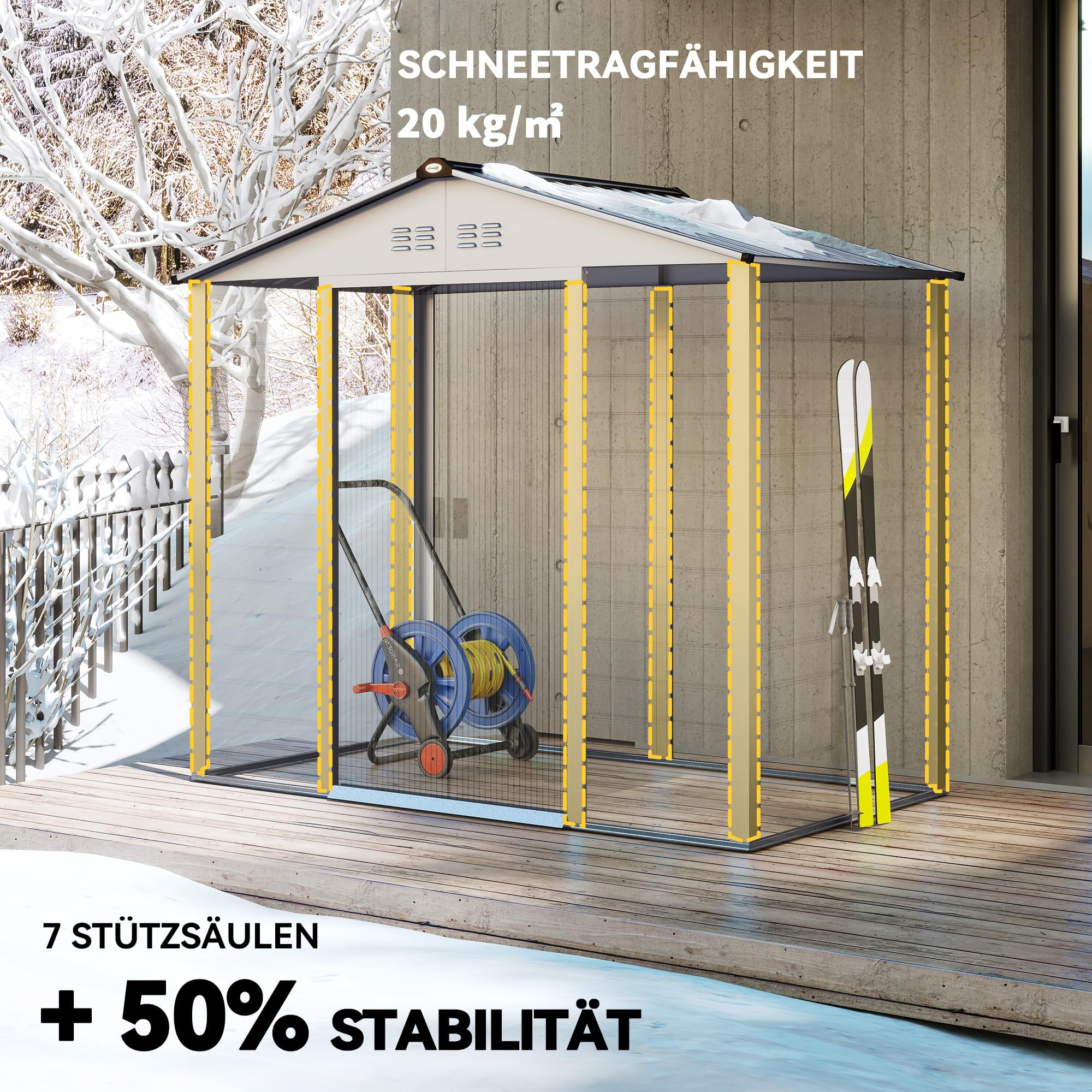 Outsunny Verzinkter Stahl Gerätehaus 2,43㎡ 213x131x192cm Geräteschuppen mit Satteldach, Schiebetür, wetterfest Gartenhaus Grau