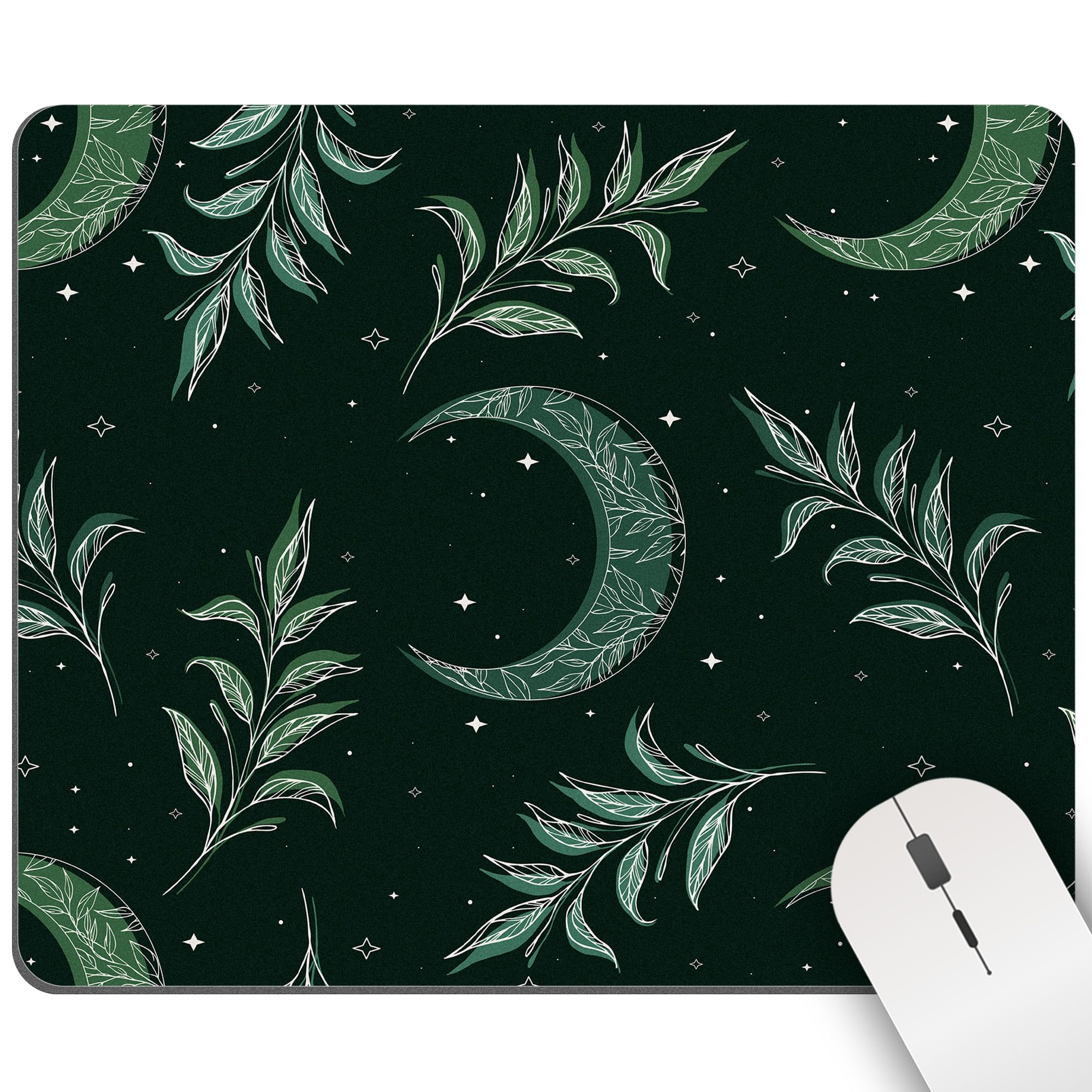 Flysea Moon Leaf Mouse Pad Black Green Herb Boho Mousepad Desk Witchy Cute Aesthetic Square Computer Washable Gaming Wireless Design Pattern Laptop