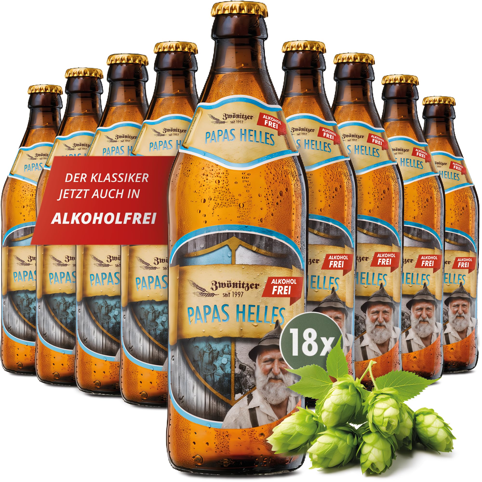 Brauerei Zwönitz Papas Helles alkoholfrei 18 x 0,5 Liter/Helles Bier alkoholfrei/Geschenke für Bierliebhaber/alkoholfreies Bier aus Hallertauer Hopfen