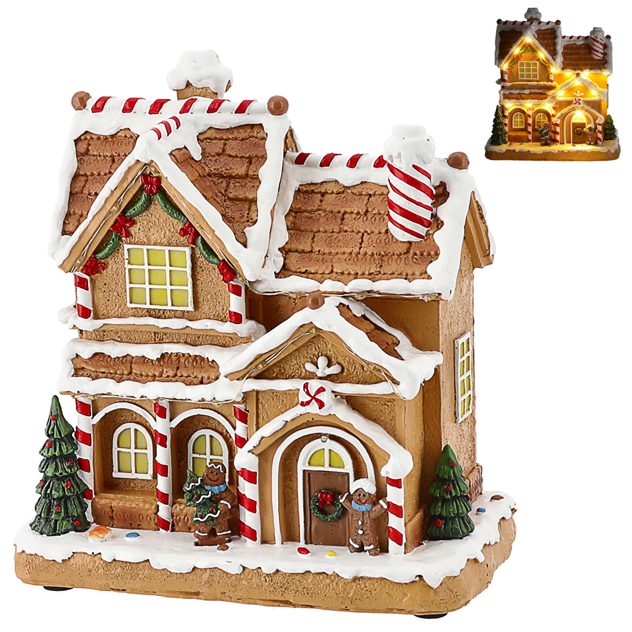 Cepewa LED Winter Haus Lebkuchen | 21,5x22,5x12,5cm Polyresin 15 warmweiße LEDs | batteriebetrieben An-/Ausschalter | Weihnachtsdekoration (1 x LED Winterhaus Lebkuchen)