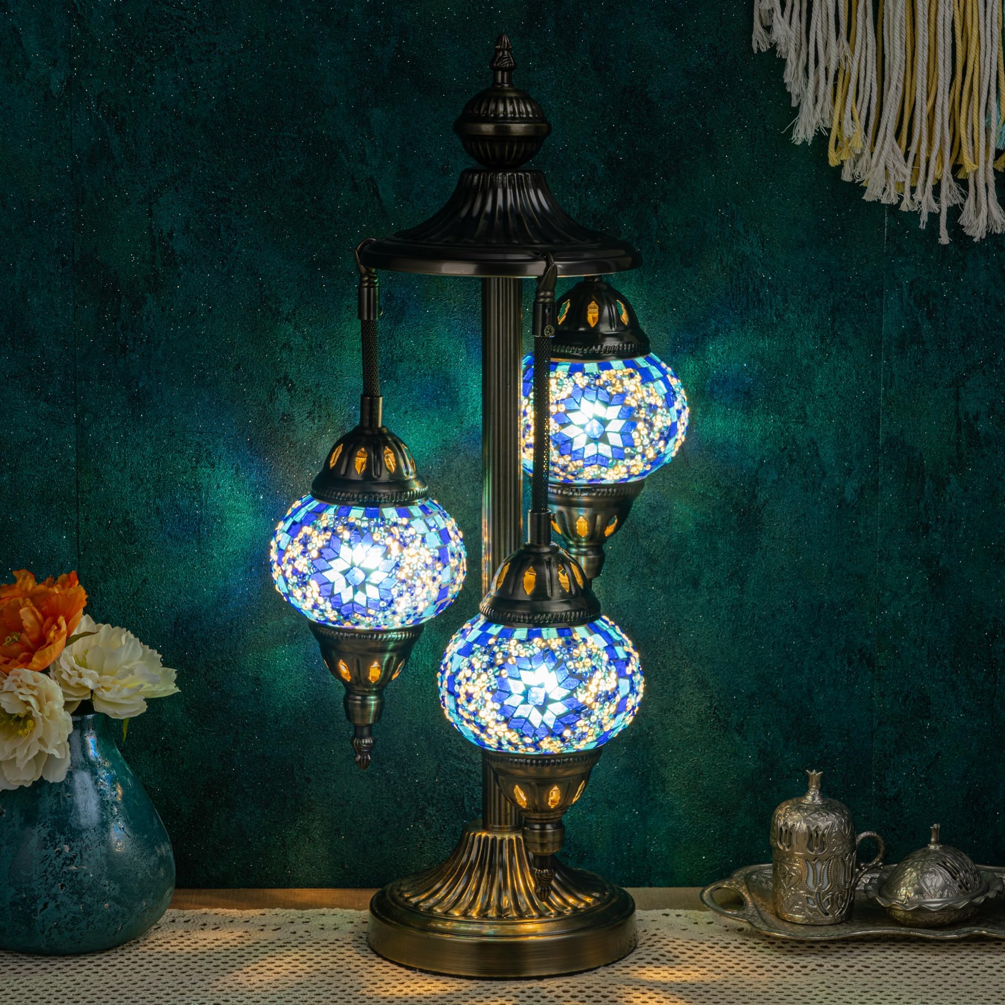 YUDIZWS Turkish Lamp 3 Globes Moroccan Table Lamp with Bronze Base, 23" Tall Handmade Colorful Tiffany Mosaic Glass Night Light Fixture Including LED Bulb for Living Room Bedroom Decor,Blue