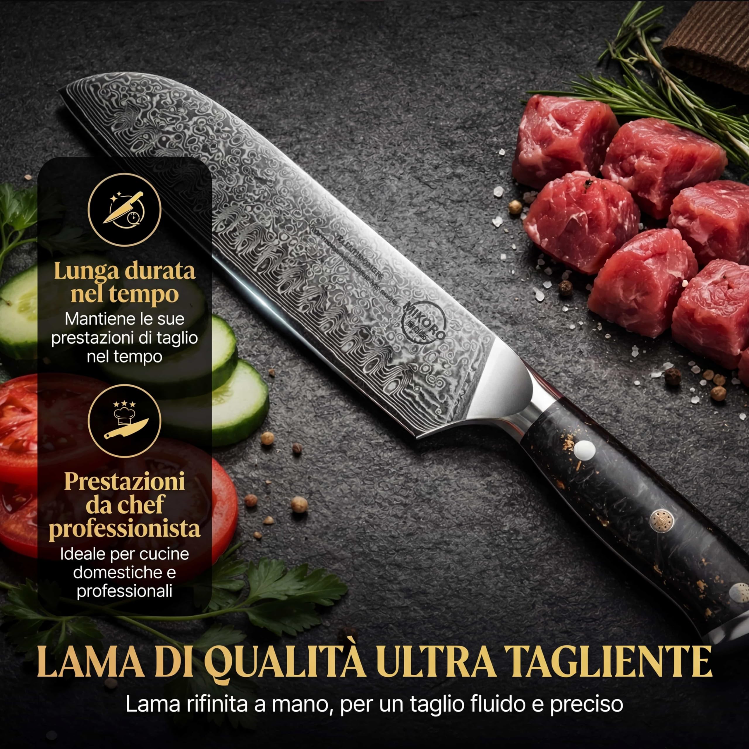 MIKORO Coltello Santoku Giapponese 18 cm, Lama Damasco a 67 Strati, Acciaio Inox ad Alto Tenore di Carbonio, Coltello da Cucina Ultra Affilato con Manico Ergonomico Nero.