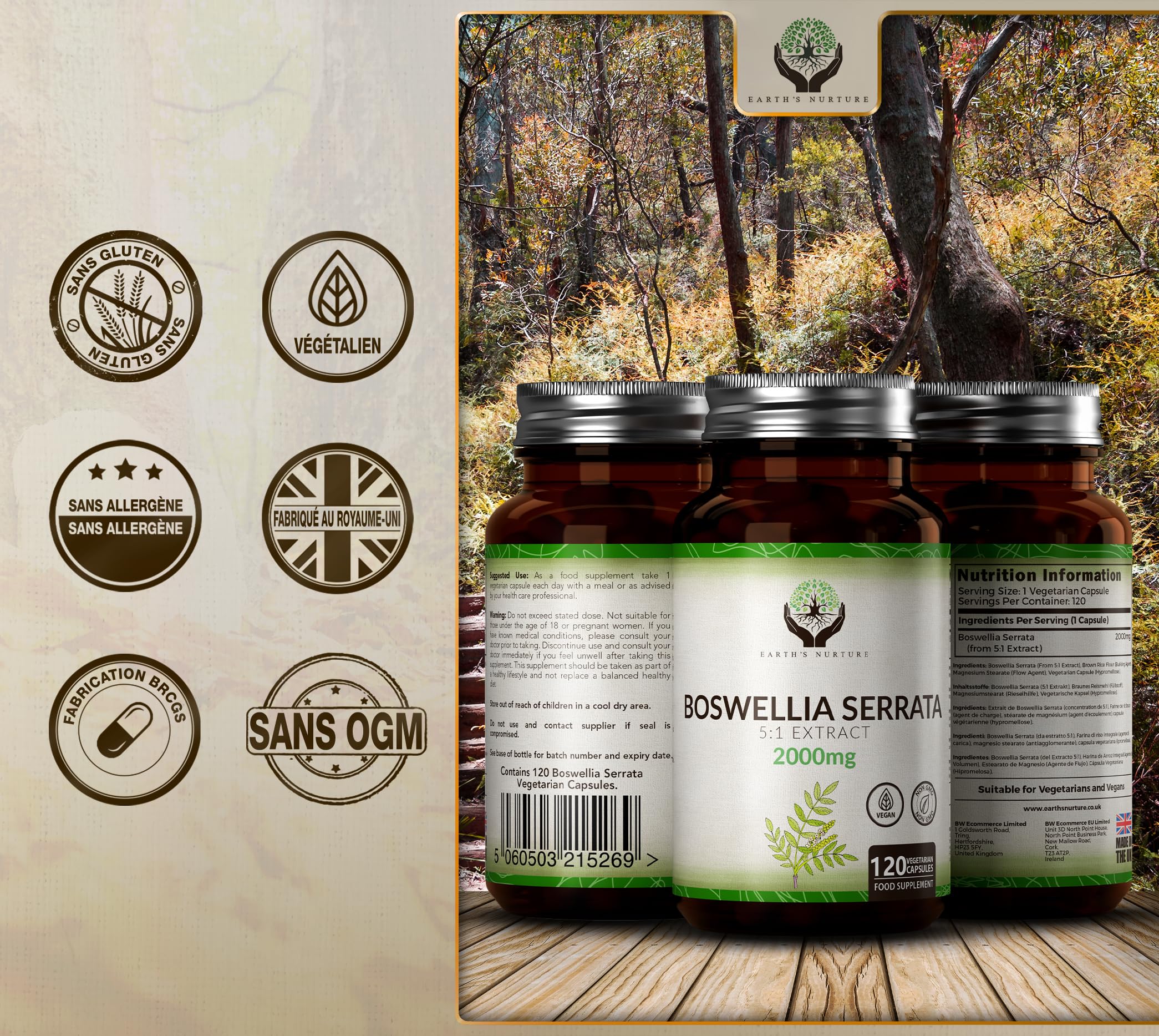 EN Boswellia Serrata | Boswellia Haute Teneur 5:1 Extrait - 2000 mg Boswelia par Portion | 120 Gélule | Sans OGM Sans Gluten Sans Produit Laitier | Fabriqué au Royaume-Uni