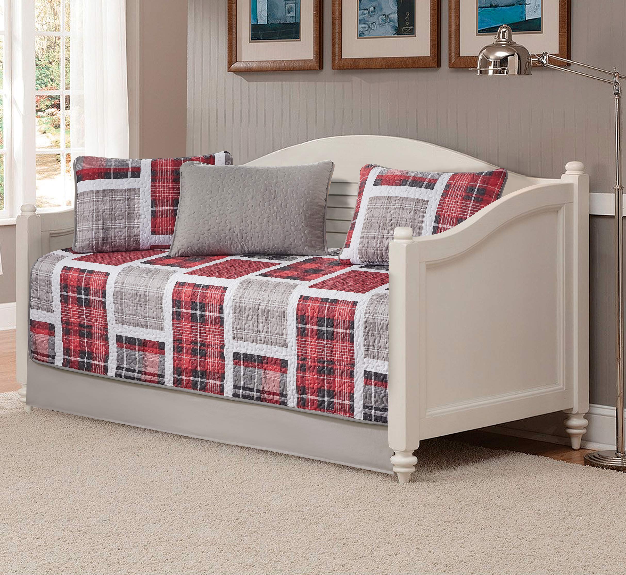Linen Plus 5pc Daybed Cover Set Quilted Bedspread New (Red Black Grey Plaid)