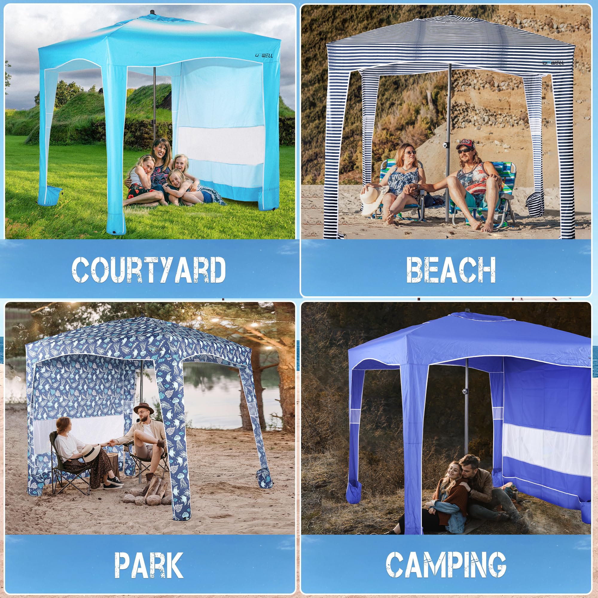 UPWELL Namiot plażowy, łatwy montaż, zadaszenie, schronienie przeciwsłoneczne, fajna kabana, z ochroną UPF 50, ochrona przed promieniowaniem UV, przenośny parasol plażowy z kieszeniami na piasek, do