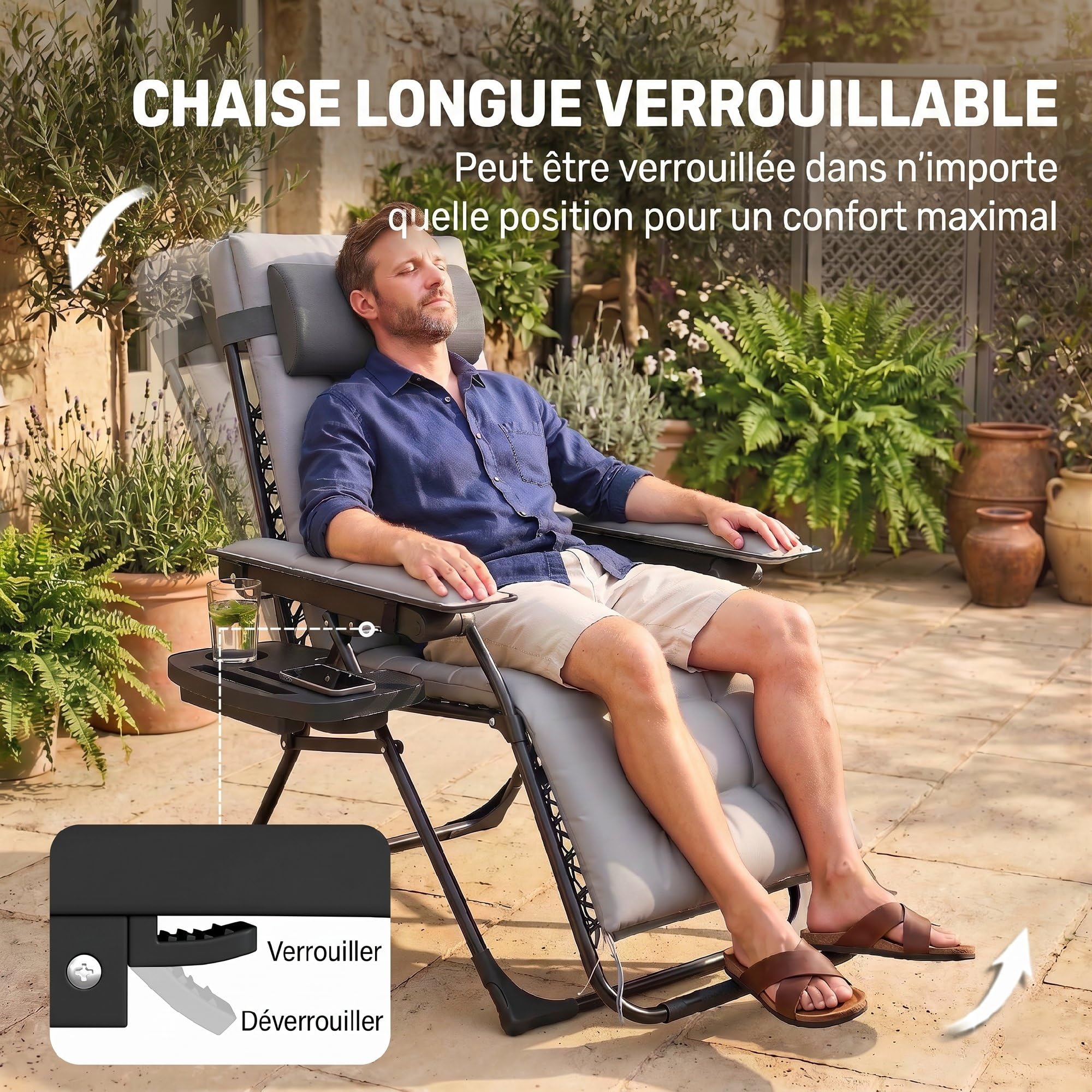 Outsunny Chaise de Gravité Zéro avec Accoudoirs, Coussin, Porte-Gobelet, Appuie-Tête, Dossier Réglable, Bain de Soleil Pliable en Textilène pour Jardin Plage Terrasse Camping, Gris Clair