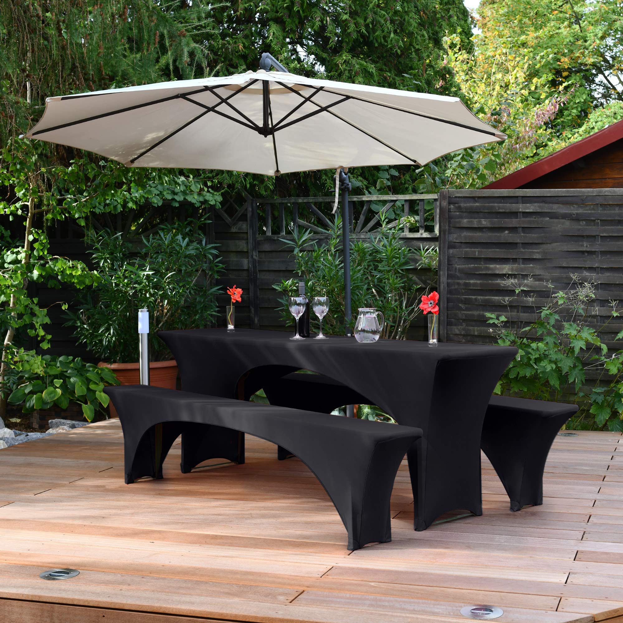 Beautissu Juego de 3 Fundas de Mesa para Juego de cervecería Victoria - Fundas elásticas de Mesa y Bancos Picnic de 220x70 cm y 2 Bancos Negro