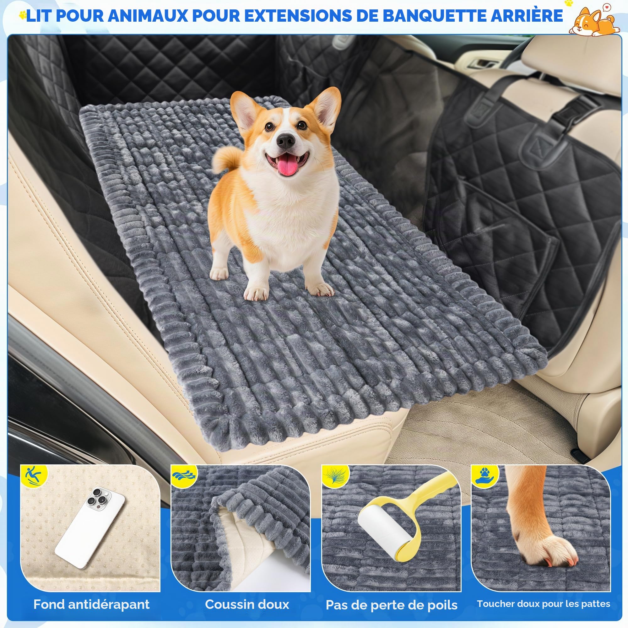 Loiion Tapis Auto Chien Anti-Dérapant Flanelle 127x62x3cm Gris