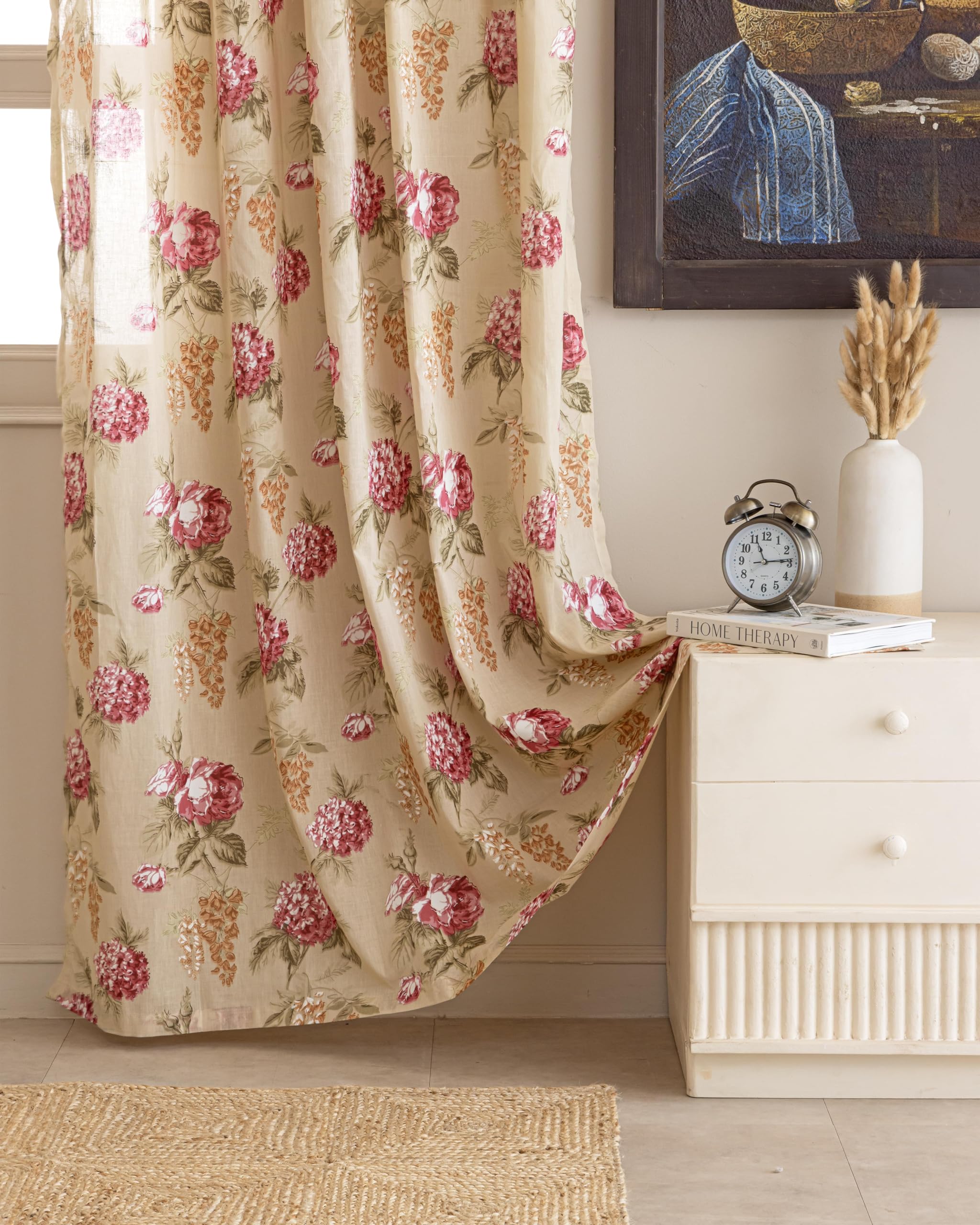 Clasiko Block Print Sheer Door Curtains; 40% Light Filtering Linen Textured Curtains with Eyelets & Tieback; Set of 2; 54x108 Inches/ 9 Feet; Amber Bloom - Image 4 thumbnail