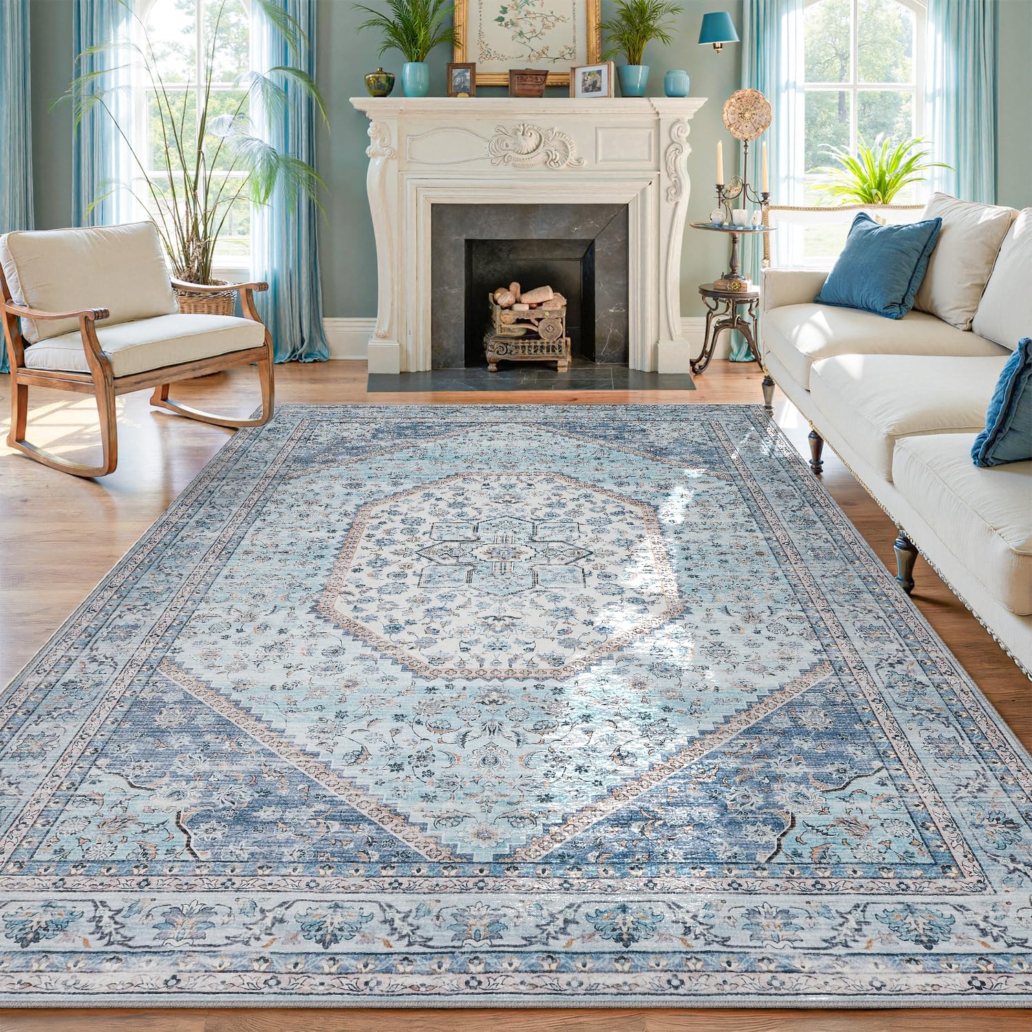DCX Machine Washable Blue Rugs for Living Room 9x12, Non Slip Stain Resistant Vintage Floral Rug for Bedroom Nursery, Soft Low Pile Large Carpet Beige & Blue 9' x 12'