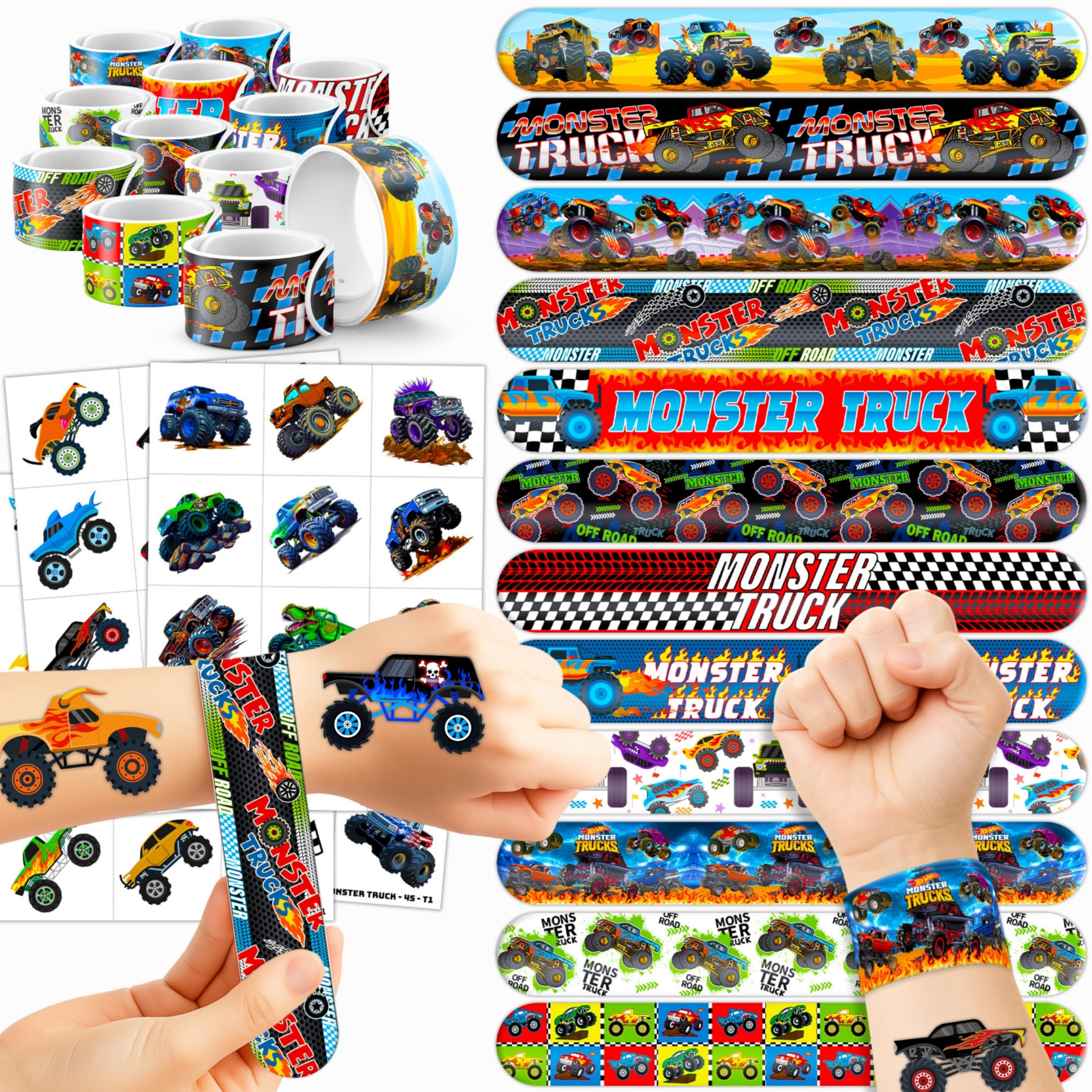72PCS Monster Truck Party Favors 48 Pre-cut Temporary Tattoos & 24 Slap Bracelets for Kids – Ideal for Boys' Birthday Parties, Classroom Prizes, and