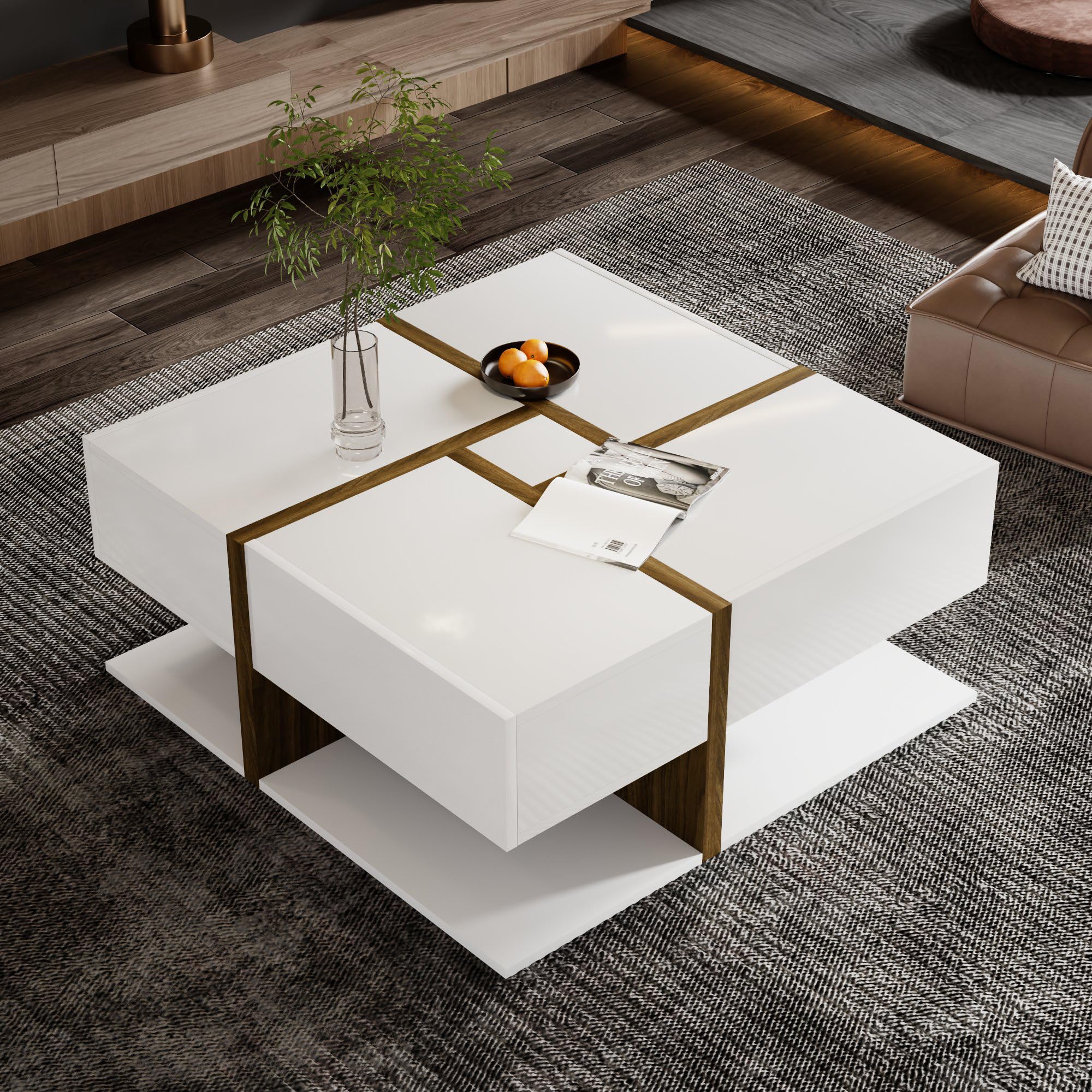 ANIROY Couchtisch, Quadratischer Funktionaler Couchtisch mit 4 Schubladen und Stauraum, Beistelltisch aus Holz für Wohnzimmer (Weiß B) Küche, Haushalt & Wohnen