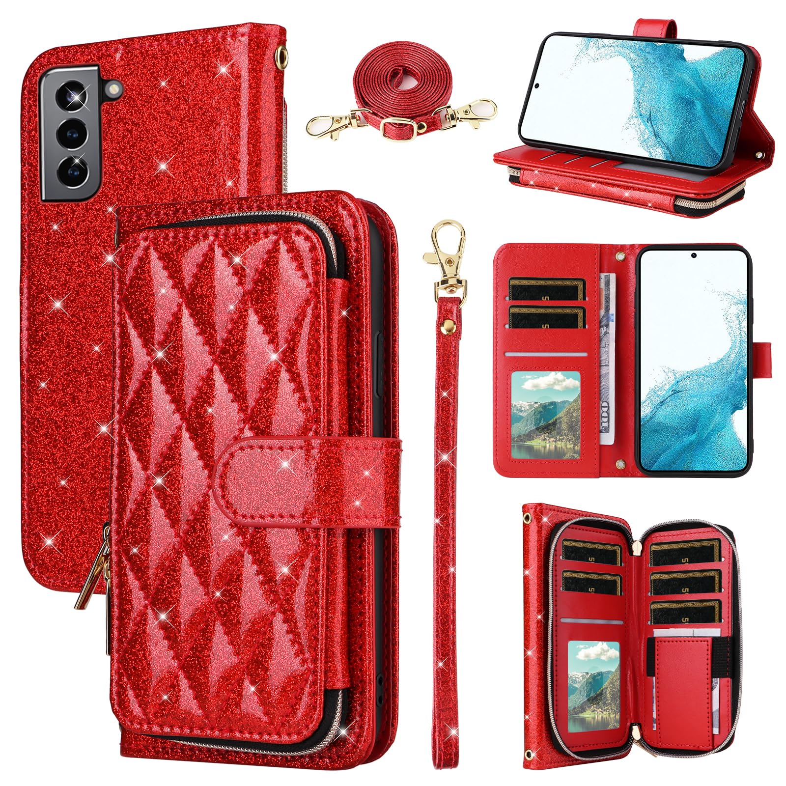 Furill Wallet Case for Samsung Galaxy S21 Plus S21+ 5G with Wrist Strap,Shoulder Strap,9+ Card Slots Zipper Purse,Leather Stand Cell Phone Cover for