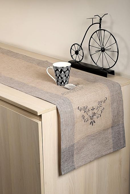 MONKDECOR (O.F) Linen Embroidery Dining Table Runner (Size-15x70 Inches)-Grey Color
