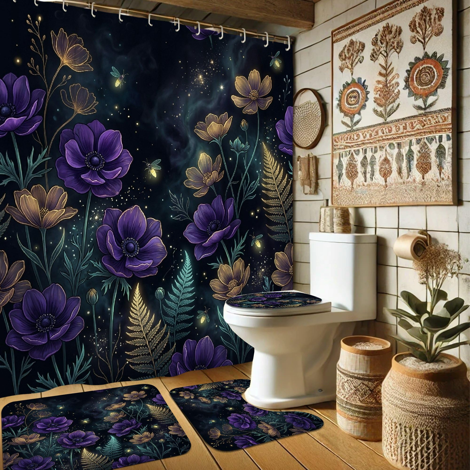 Rideau de douche fleurs de fougère abeille violet et tapis de bain assorti