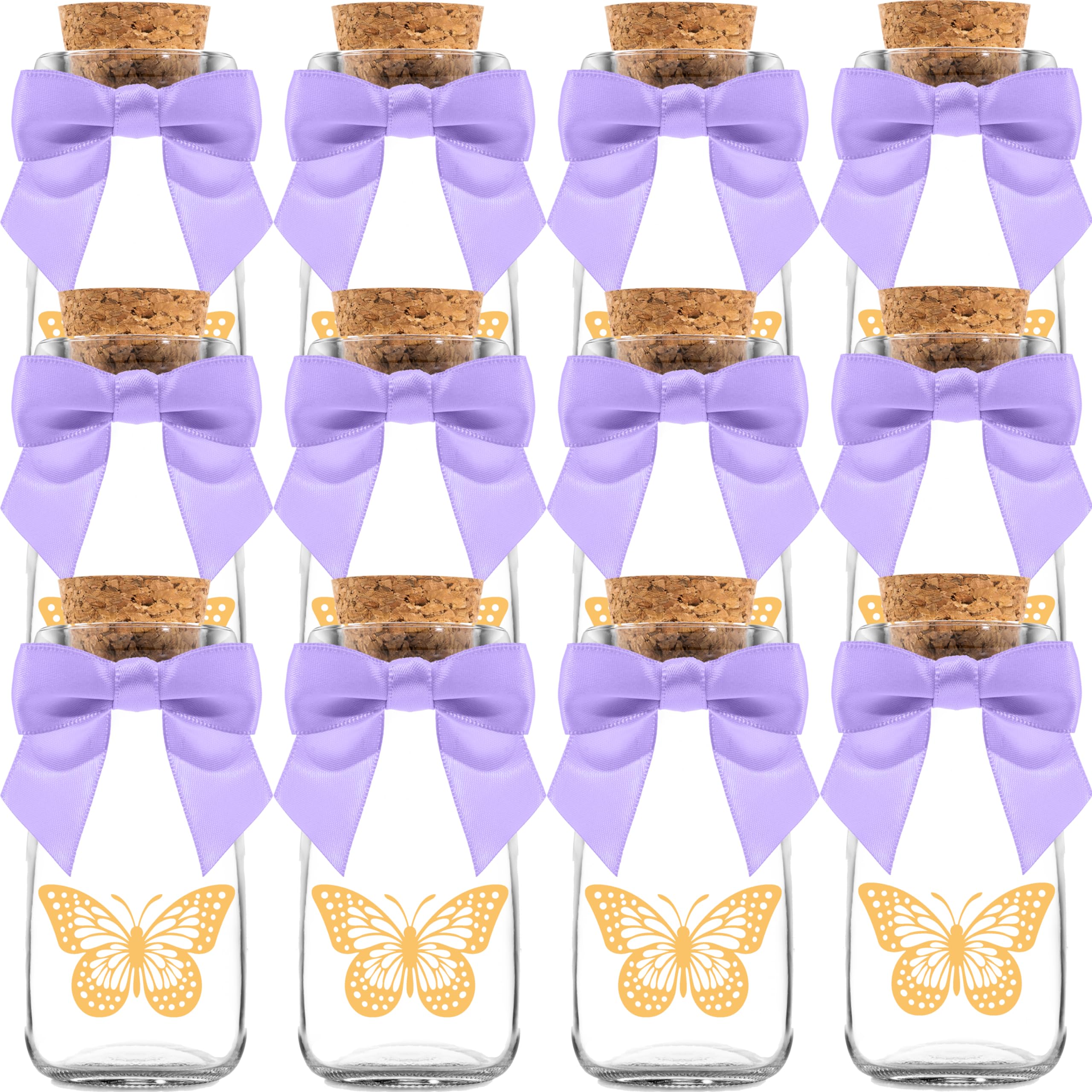 Ethisa Vintage 12 Pack Butterfly Party Favor Glass Bottles with Ribbons and Stickers - Classy Baby Shower and Birthday Favors for Guests and Table Centerpieces Decorations - Purple Theme Candy Jar