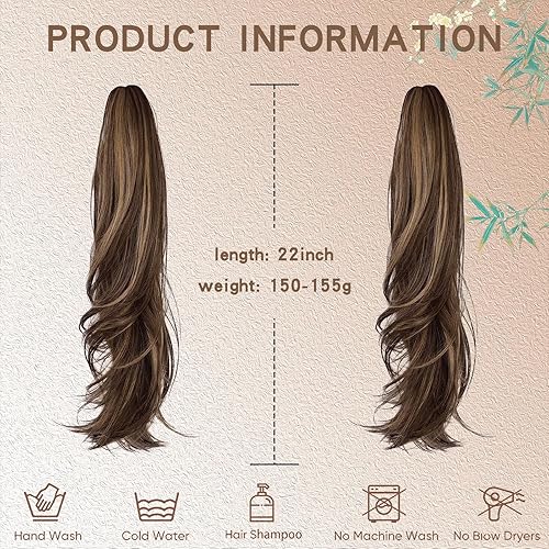 Miniatura 8 de Aientt Extensión de cola de caballo marrón mixta, extensiones de cabello lacio con cordón para mujer, cola de caballo sintética larga y rizada de