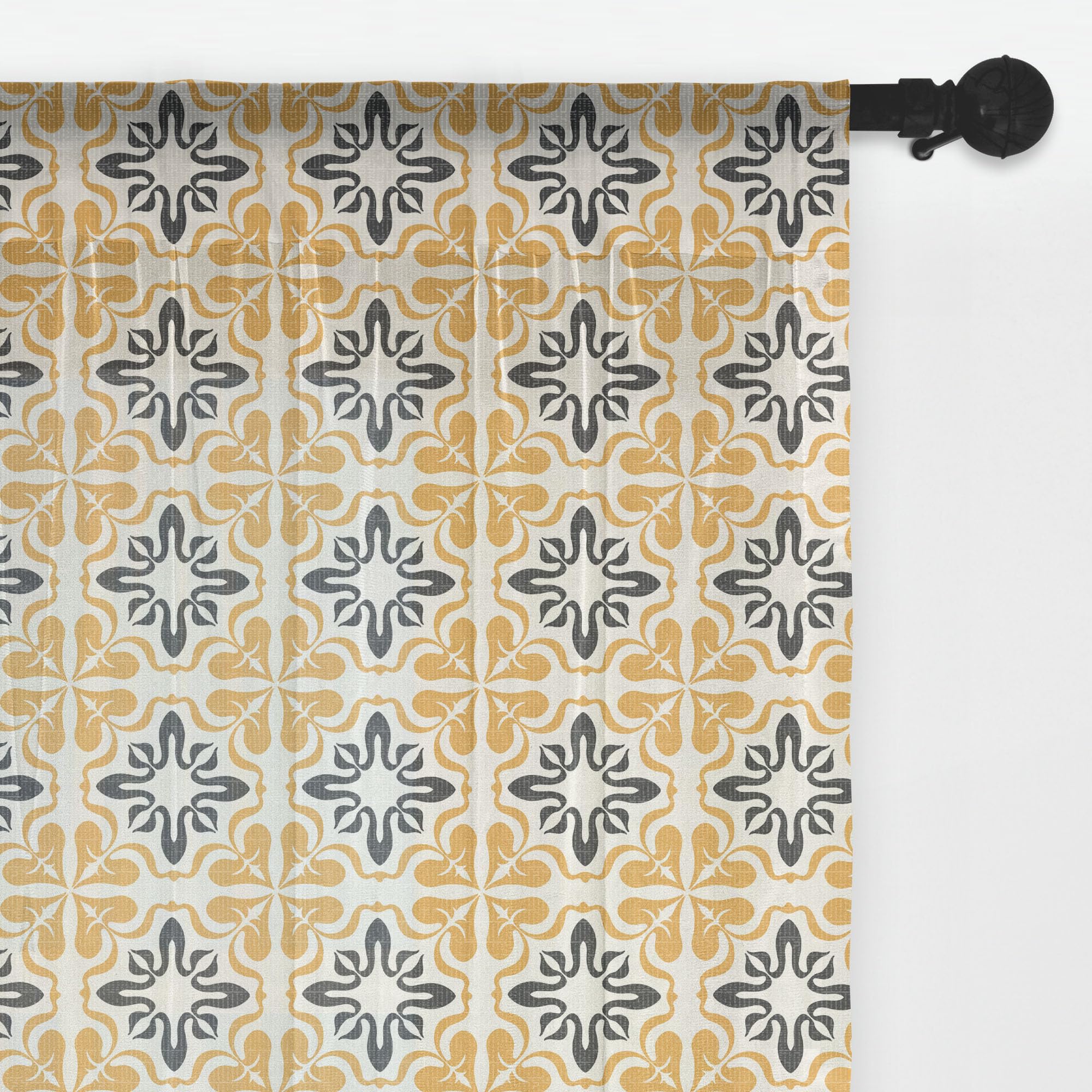 Ambesonne Mosaic Tulle Curtains with Rod Pocket, Traditional Moroccan Portugal Pottery Tile Effect Geometric Floral Motifs, Sheer Drape for Wedding Party 2 Panels, 108" x 63", White Apricot Black