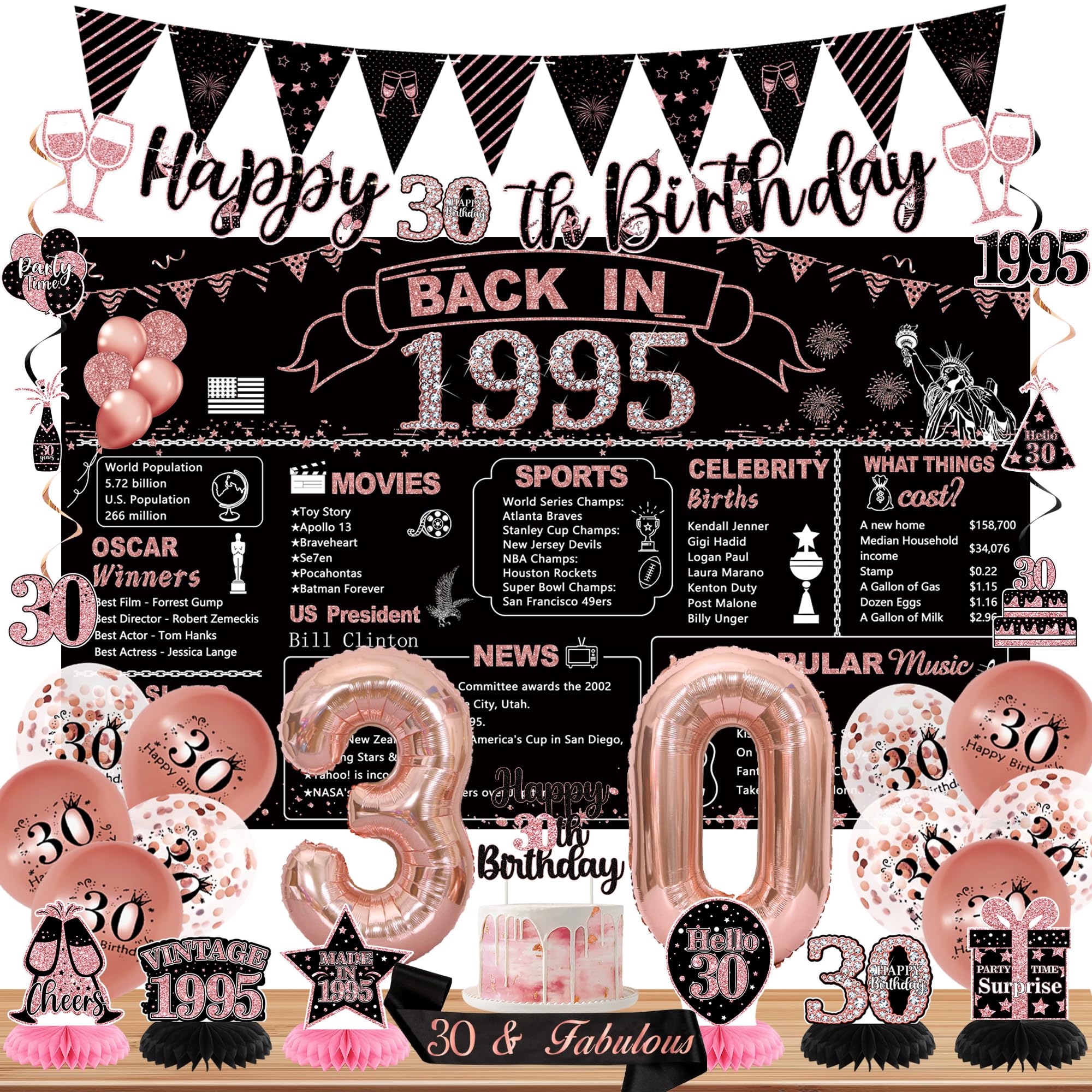 DARUNAXY 30th Birthday Party Decorations for Women, Rose Gold Back in 1995 Banner, Rose Gold 30 Number Balloons & Cake Topper, Vintage 1995 30 Birthday Honeycomb Hanging Swirl Confetti Balloons(28PC)