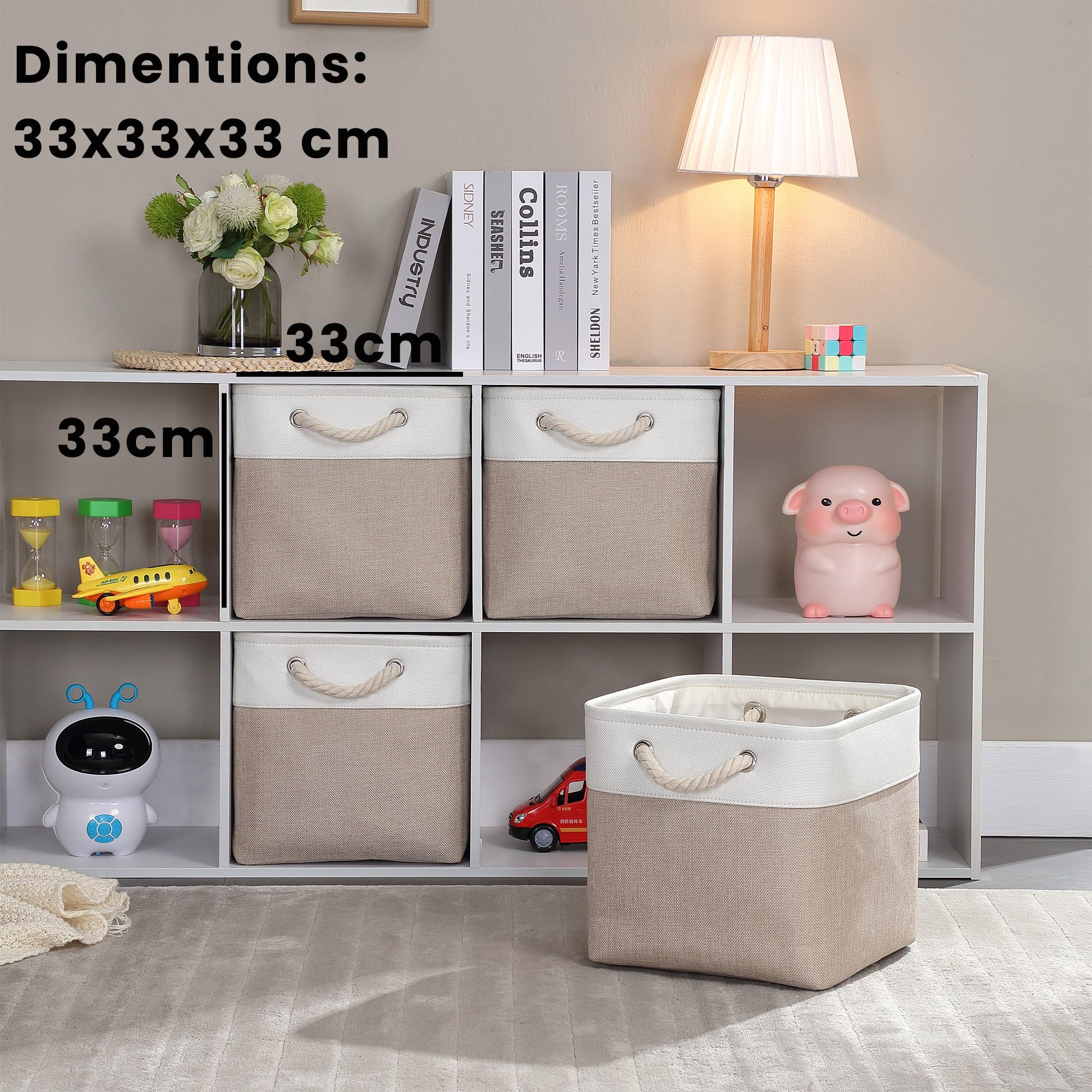 Mangata Cube Storage Boxes 33x33x33cm, Fabric Storage Basket for Cupboards, Shelves, Closet, Light Khaki White?13 x 13 inch, 3 Pack?
