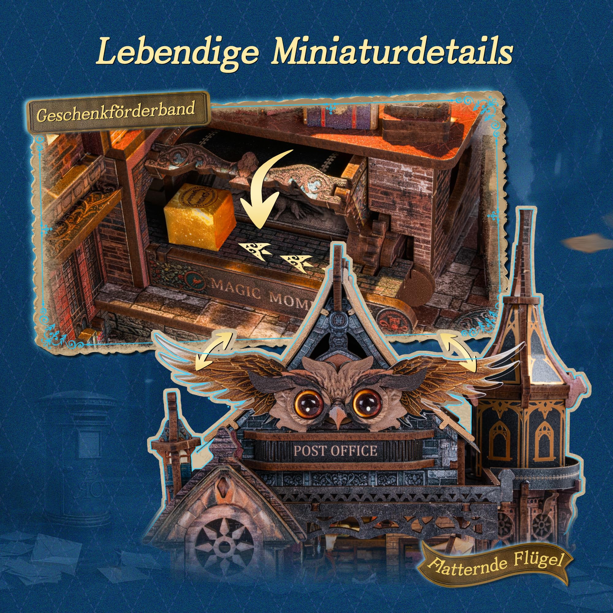 FUNPOLA LED 3D Holzpuzzle Eulen-Postamt – Dynamisches Modell mit mechanischen Zahnrädern, DIY Miniatur-Bausatz mit Musik und LED-Lichtern, Wohnkultur-Geschenk für Erwachsene und Jugendliche