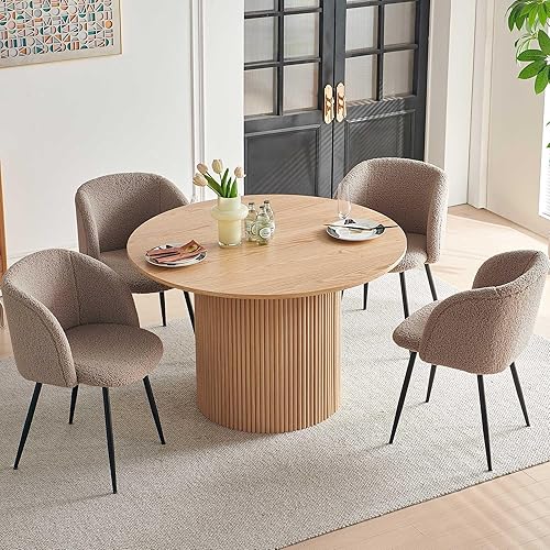 NORDICANA 5-Piece Wooden Round Dining Room Table and Chair Set, 47-Inch Kitchen Table with Barrel Chairs for 4, Brown Upholstered Sherpa Dining Set, MDF Core with Oak Finish