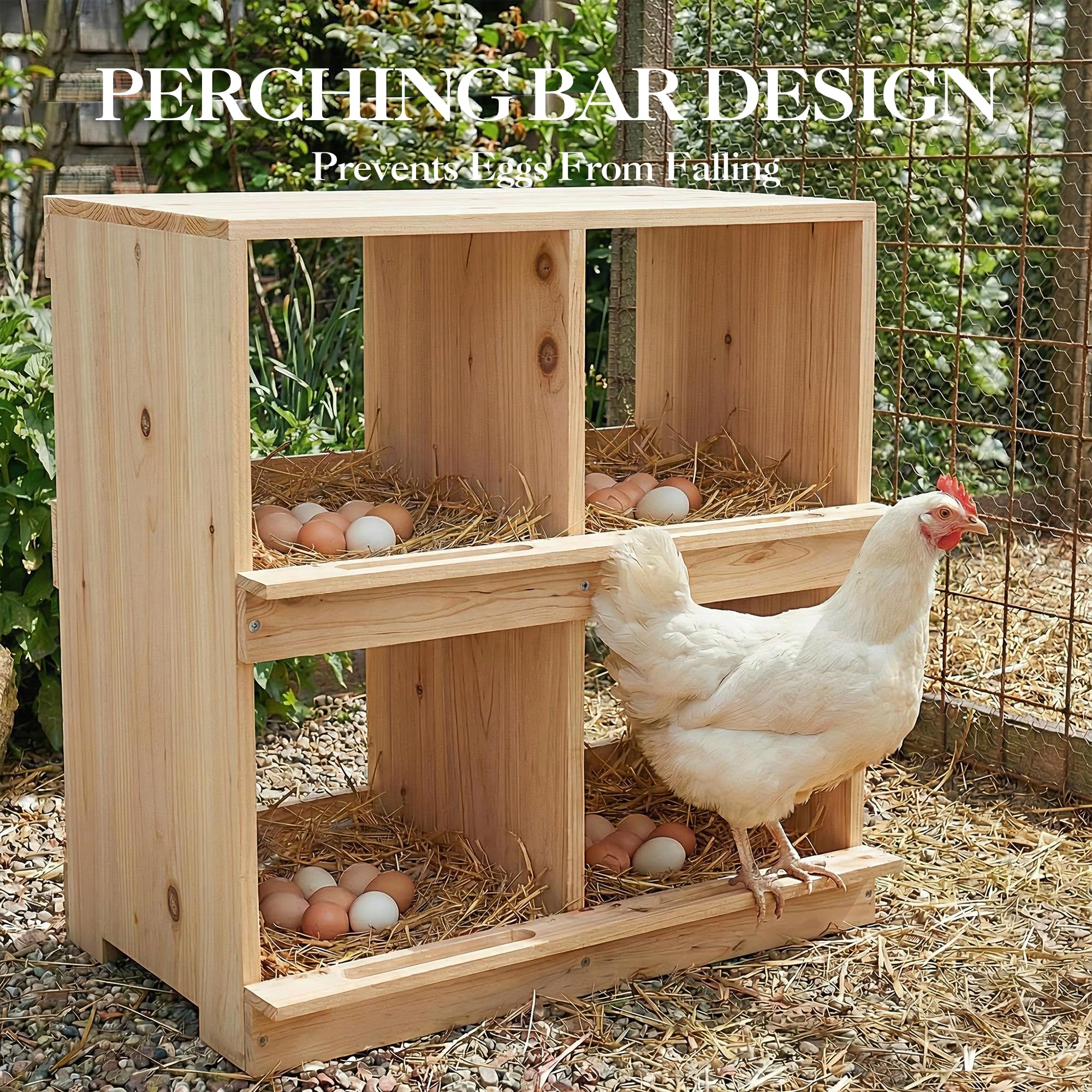 Garvee Gallinero de Madera con Nidal de Doble Capa de 4 Compartimentos, Caseta para Gallinas Ponedoras, Diseño Rural con Techo Inclinado, Montaje Sencillo, para Interior del Corral, Madera Natural