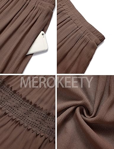 Miniatura 6 de MEROKEETY Falda larga de cintura alta plisada con volantes y ribete de encaje escalonado para mujer