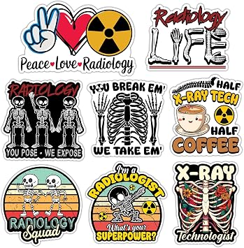 Radiology Sticker 8 Pcs Large Size Vinyl X-ray Tech Stickers Laptop Waterproof Decal for Car Bumper Water Bottle Notebook Luggage Window Birthday Decorations - Size 4 Inches