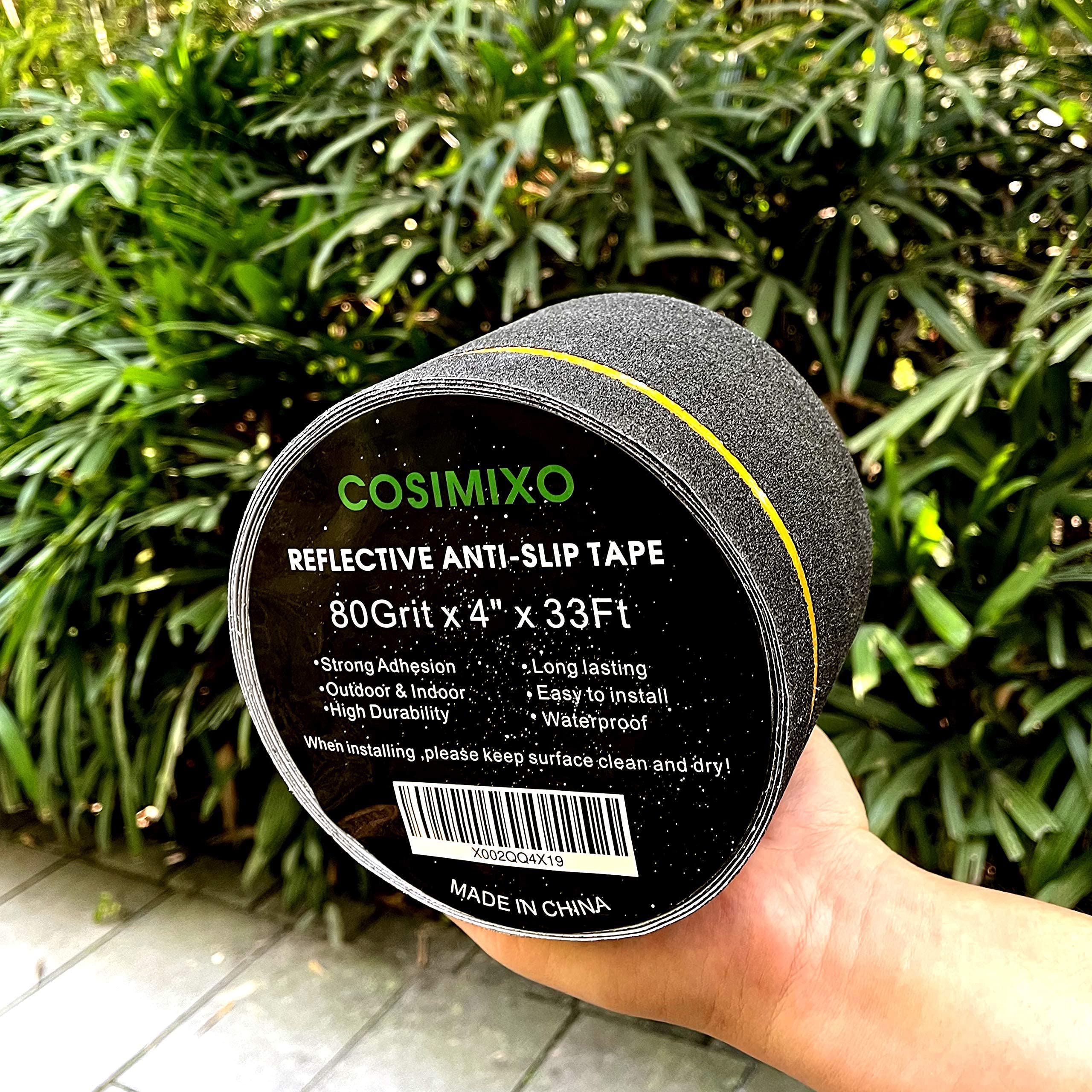 Cinta antideslizante de 4 pulgadas x 33 pies con rayas reflectantes, cinta antideslizante de mejor agarre, cinta antideslizante, adhesivo de alta tracción para escaleras. Cosimixo