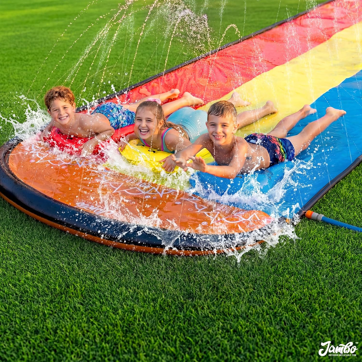 JAMBO 22.5ft Triple Lane Slip Splash and Slide with 3 Bodyboards with Built in Surround Sprinkler for Backyard Outdoor Water Fun for Kids