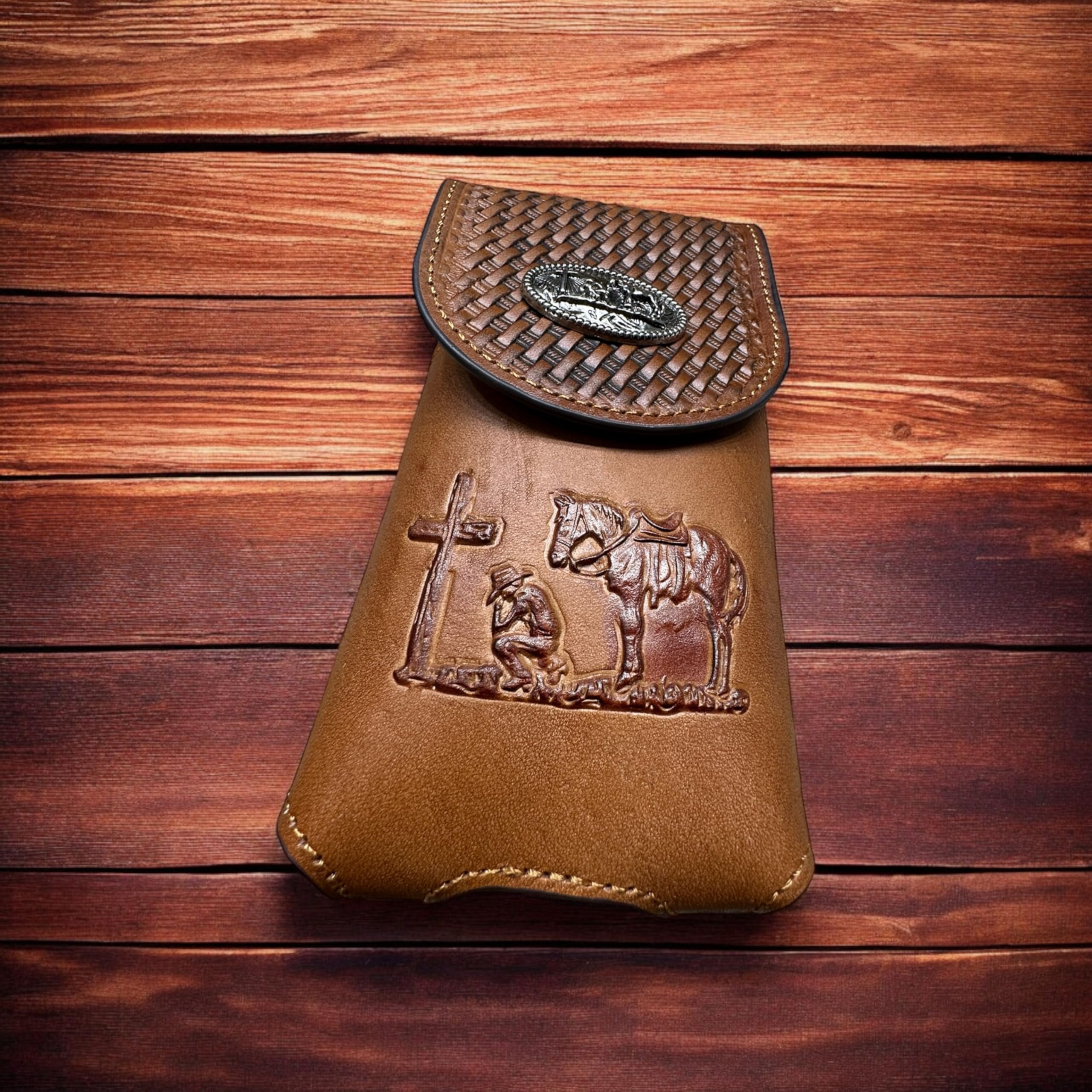 Western Leder Handy Holster - Korbgeflecht mit Cowboy betend am Kreuz geprägt & Concho - Gürtelschlaufe Tragetasche für Smartphones