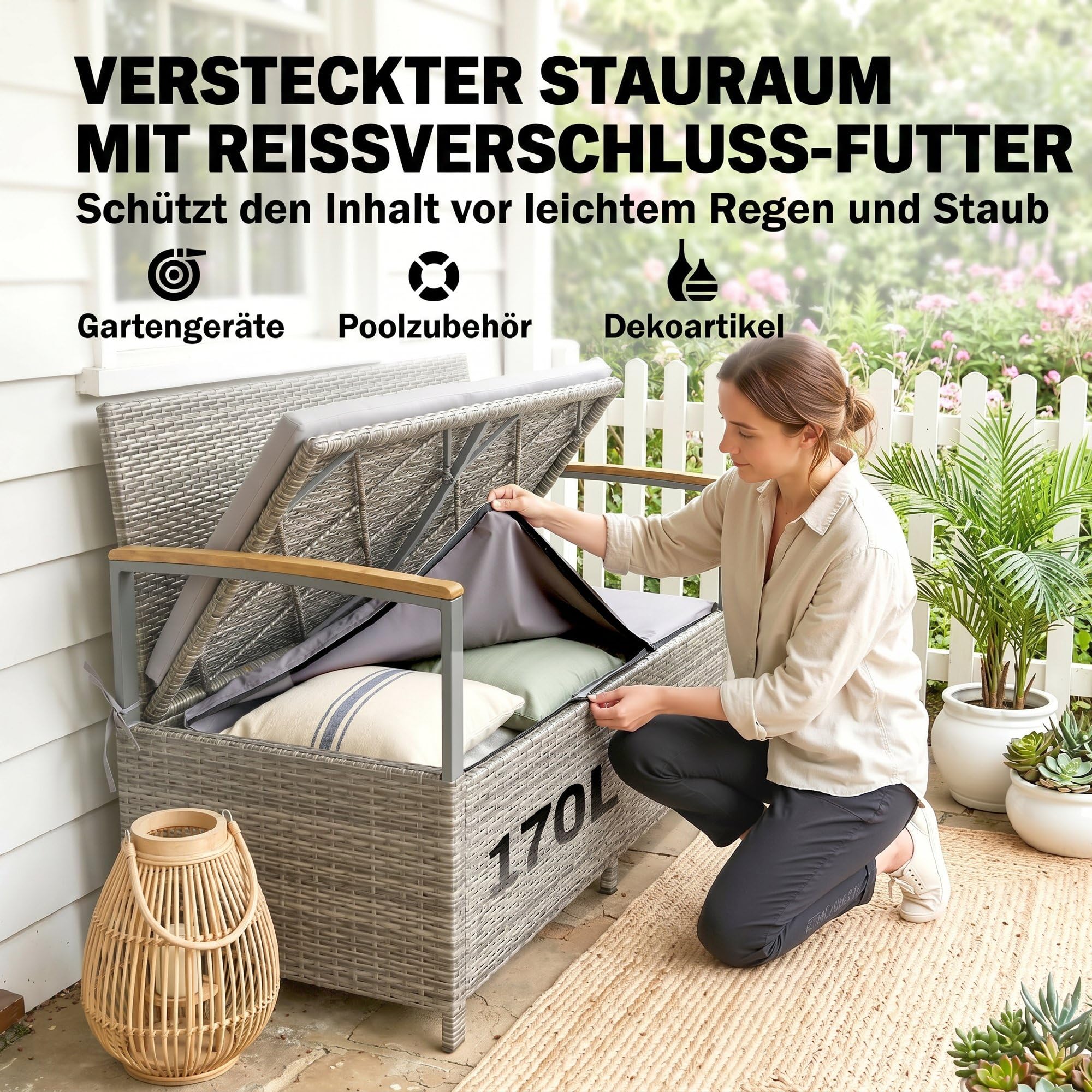 Outsunny Gartenbank Polyrattan 170L 2-Sitzer Sitzbank mit Stauraum abnehmbar Kissen Reißverschluss-Innenauskleidung Akazienholz-Armlehnen, Wetterfest Truhenbank für Werkzeuge Sitzkissen Hellgrau