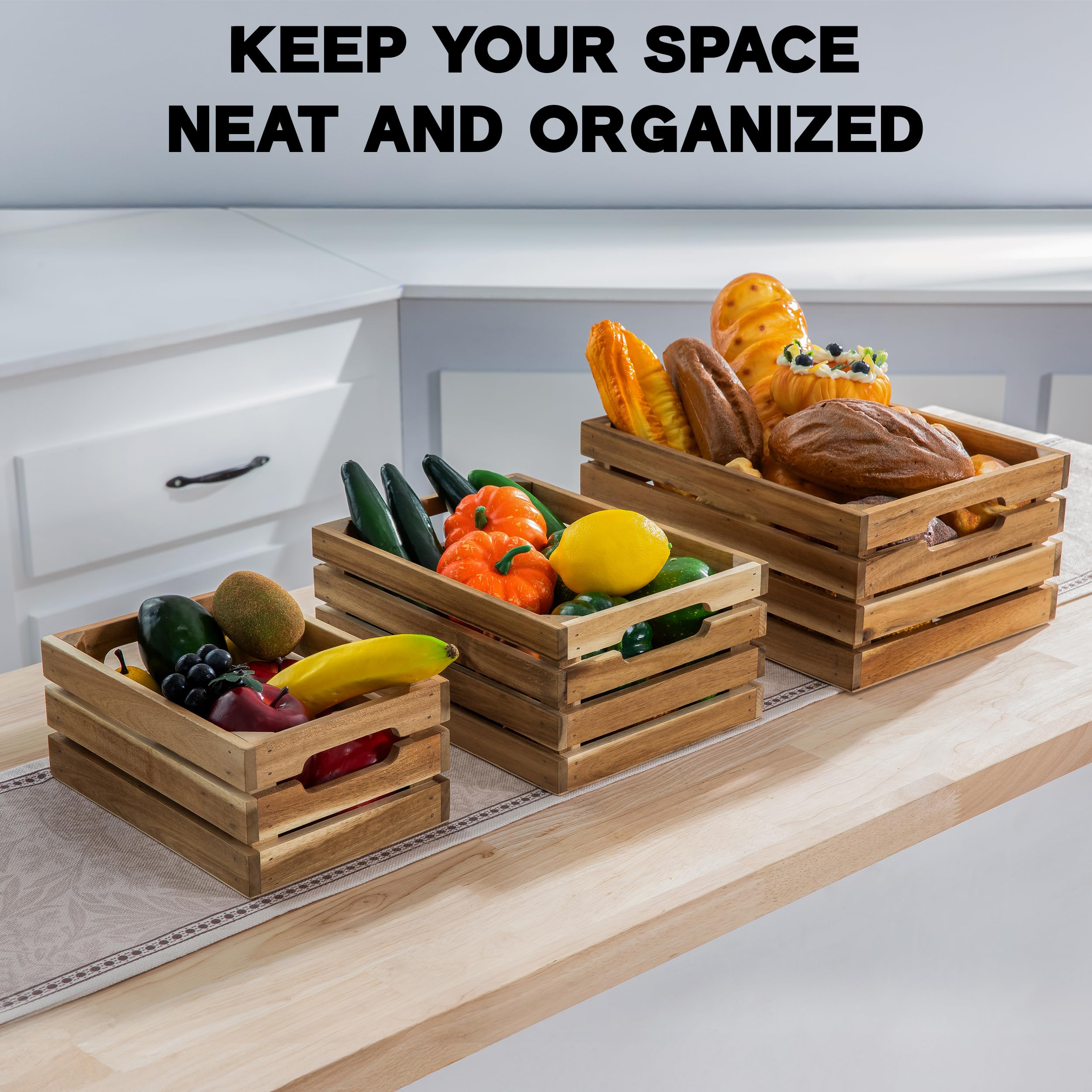 VICTORY RELAX Nesting Wood Storage Crates (Set of 3) - Light Natural Acacia Wood Stackable Wooden Boxes for Storage & Organization - Decorative Wooden Basket Set for Fruits, Shelving & Home Decor