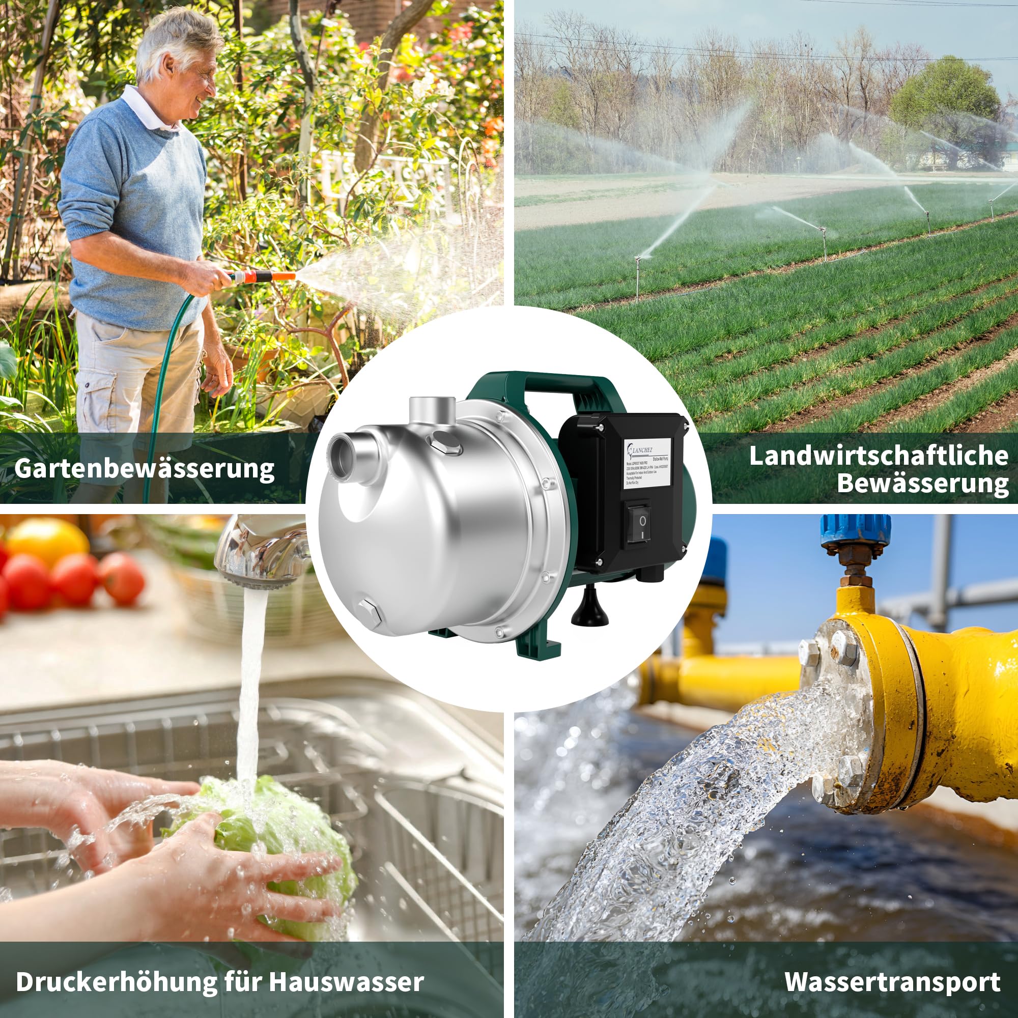 LANCHEZ Gartenpumpe 4200 l/h Fördermenge, Leistung 600 W, 38m Förderhöhe, Ansaughöhe bis zu 7 m, Wasserpumpe für Regenfässer, Zisternen, Gartenteiche